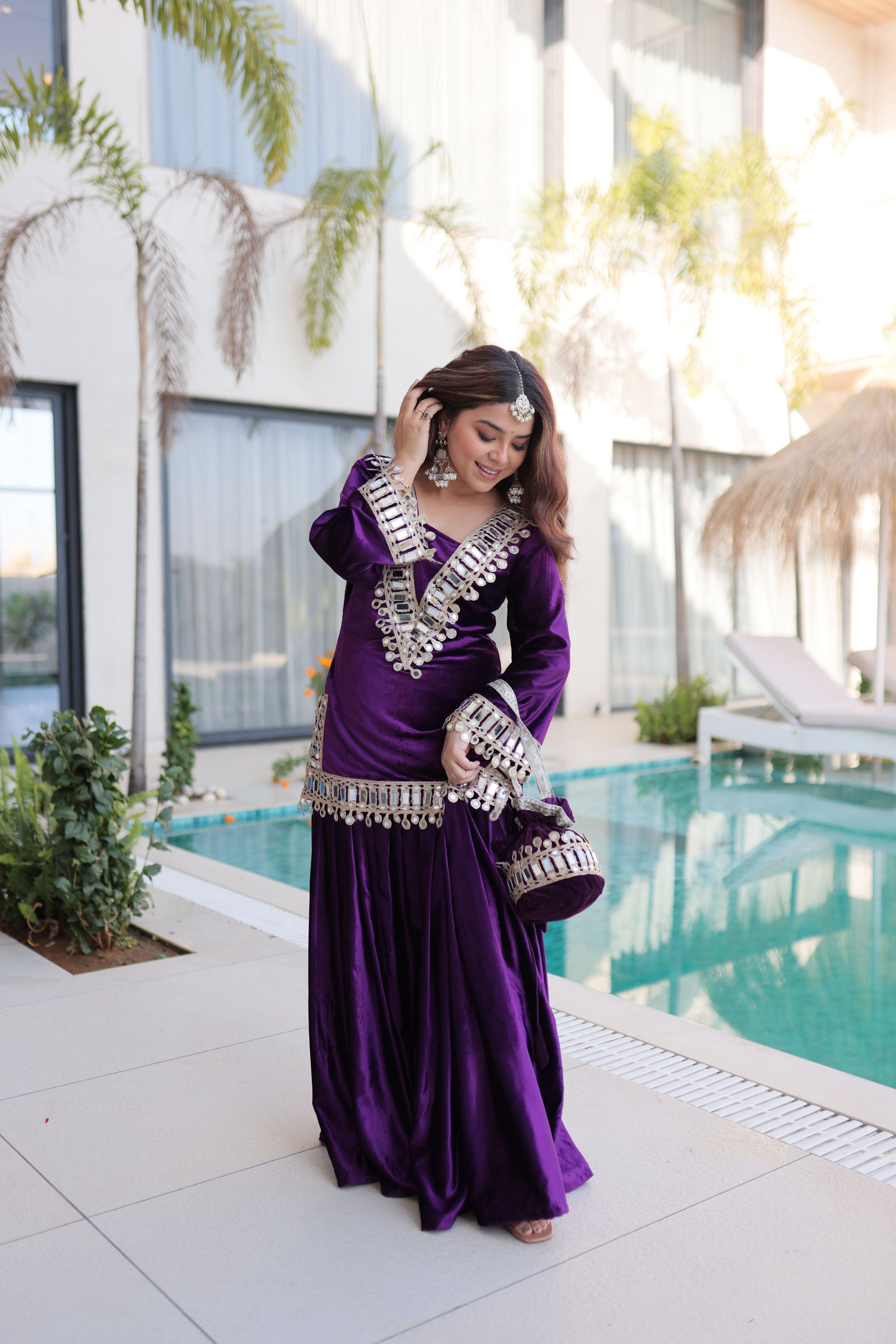 Jyoti Fashion Purple ICE Velvet Embroidered Designer Kurta Set with Batwa