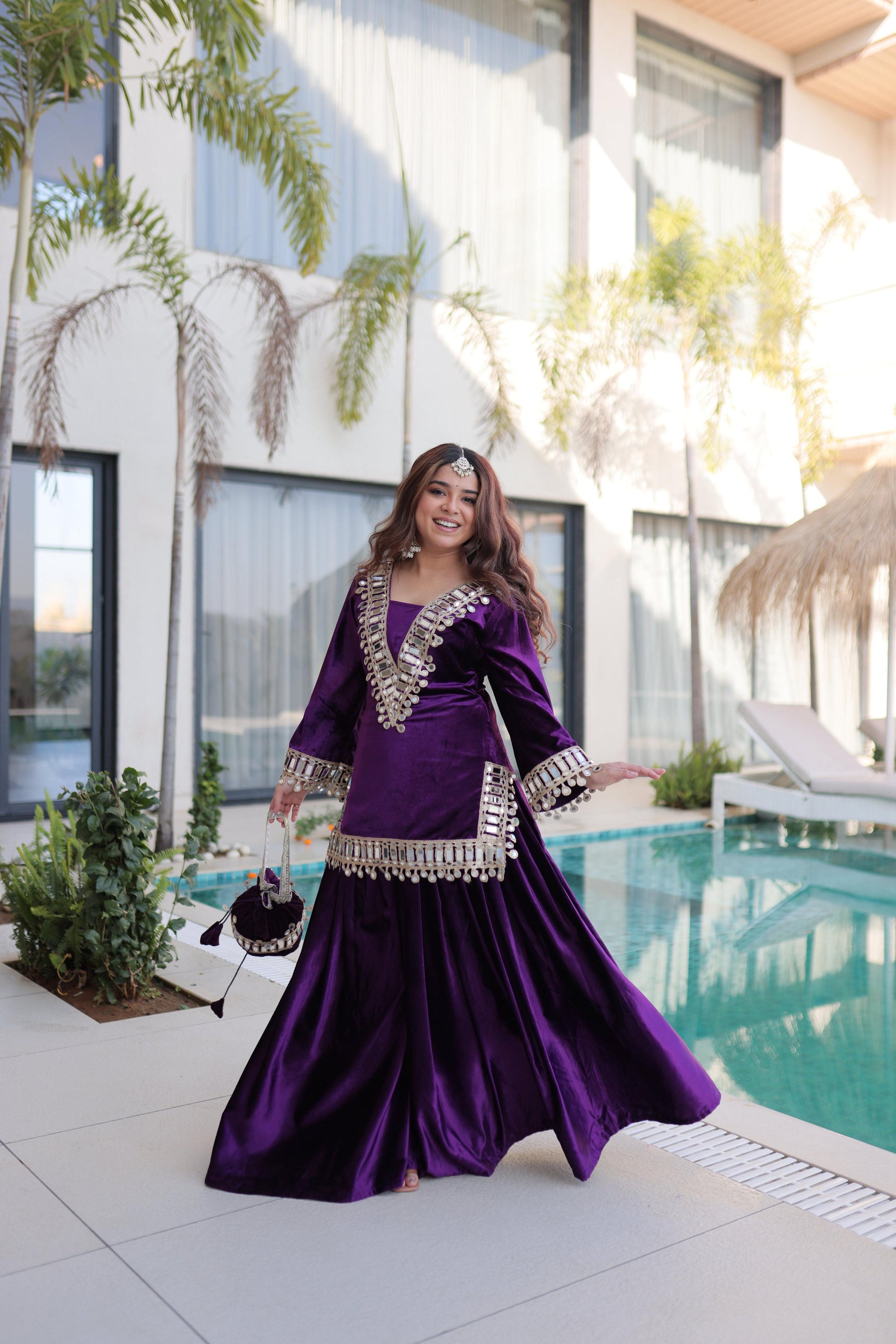Jyoti Fashion Purple ICE Velvet Embroidered Designer Kurta Set with Batwa