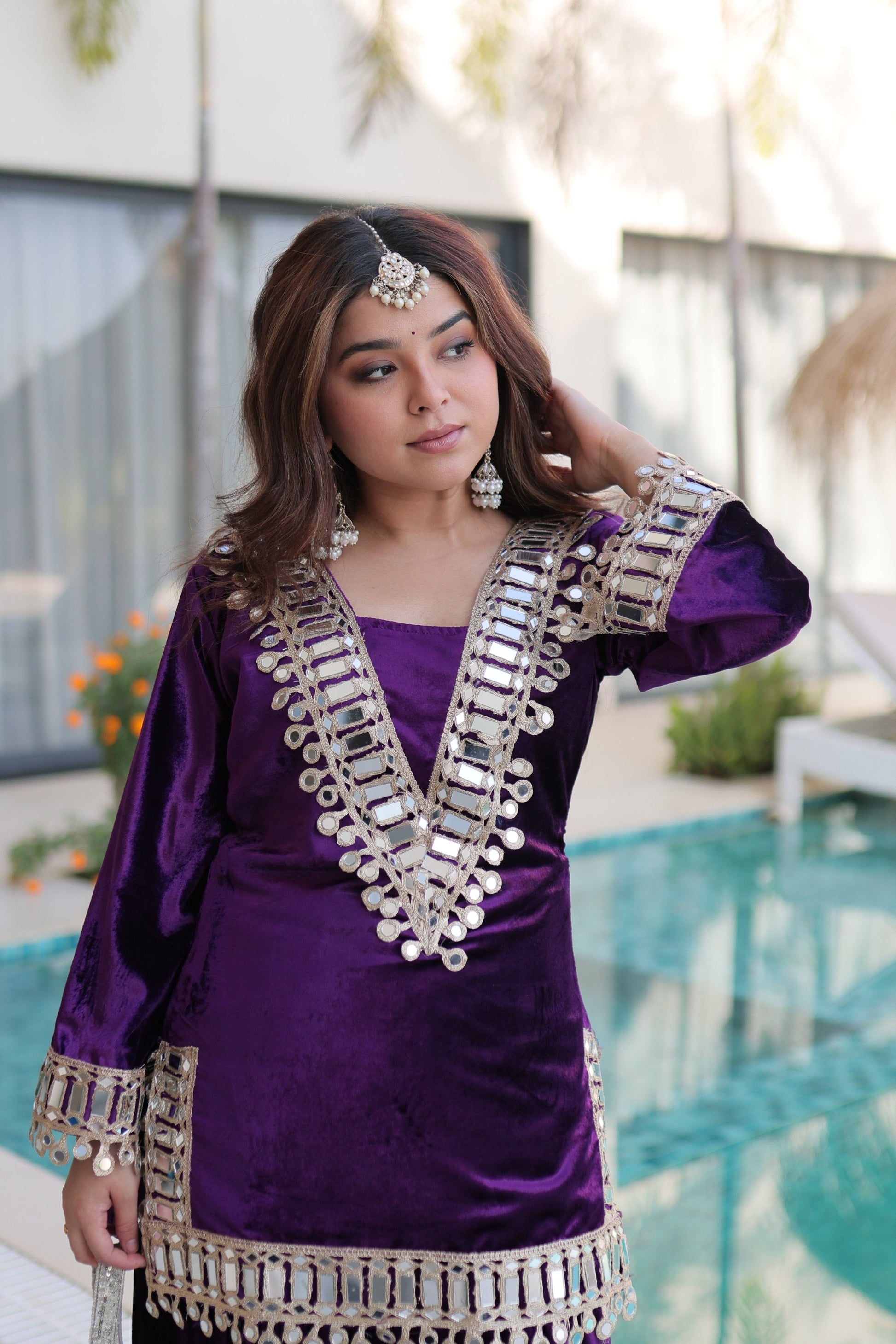 Jyoti Fashion Purple ICE Velvet Embroidered Designer Kurta Set with Batwa