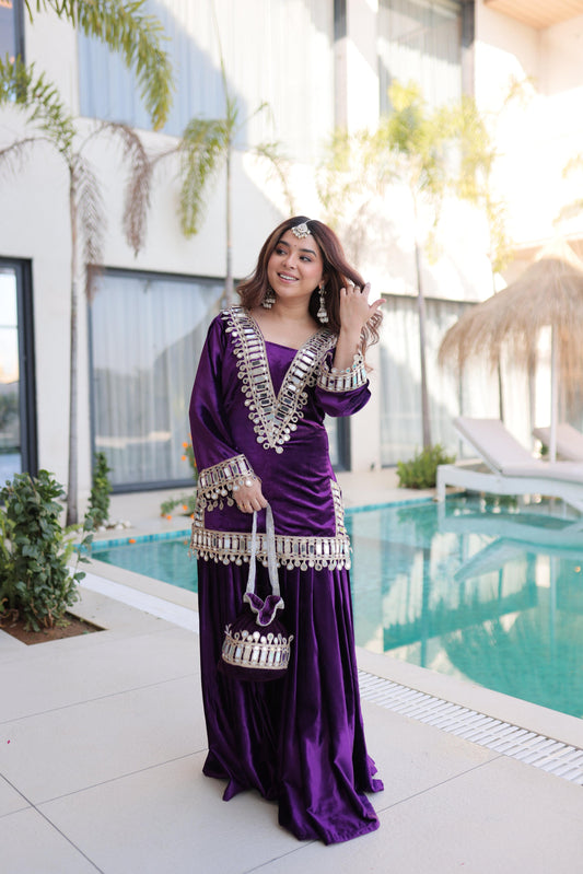 Jyoti Fashion Purple ICE Velvet Embroidered Designer Kurta Set with Batwa
