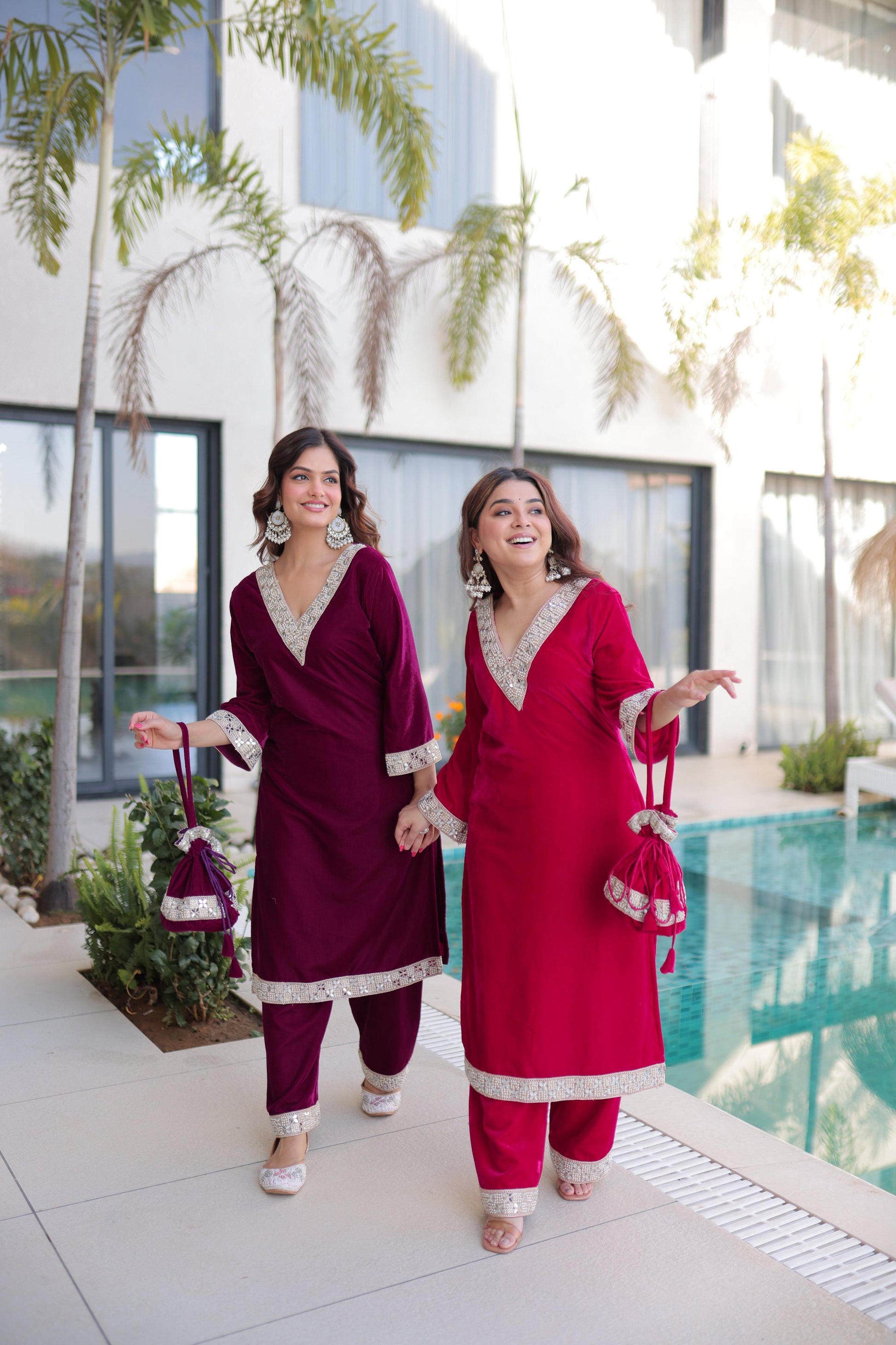 Jyoti Fashion Wine & Pink Velvet Embroidered Designer Combo Kurta Set with Batwa