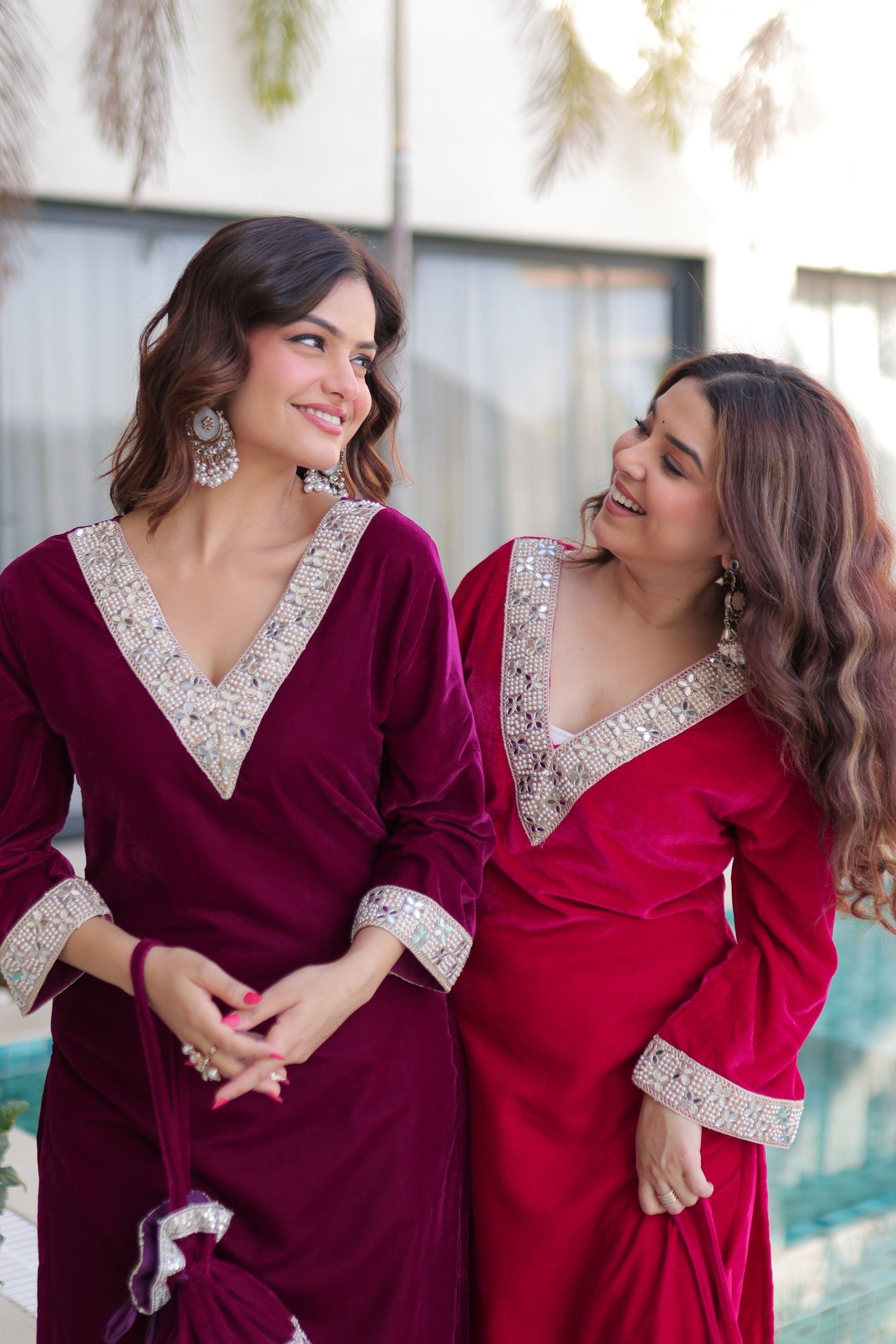 Jyoti Fashion Wine & Pink Velvet Embroidered Designer Combo Kurta Set with Batwa
