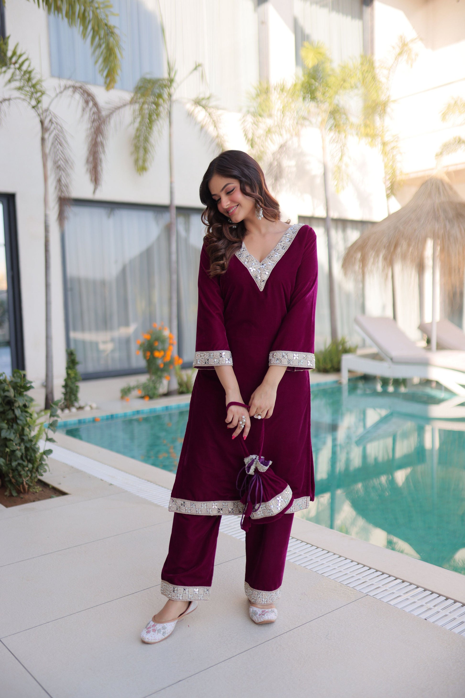 Jyoti Fashion Wine Velvet Embroidered Designer Kurta Set with Batwa
