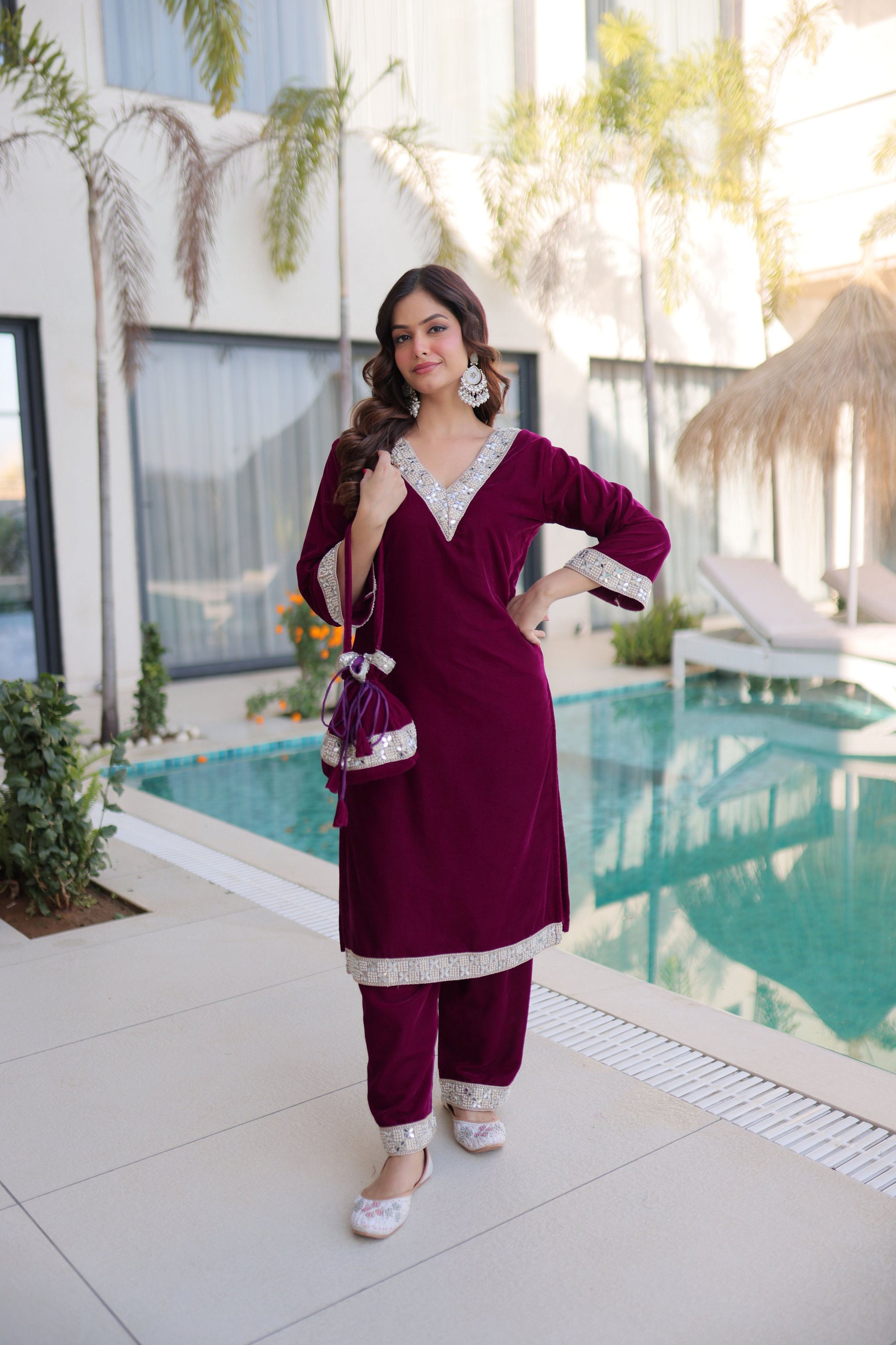 Jyoti Fashion Wine Velvet Embroidered Designer Kurta Set with Batwa