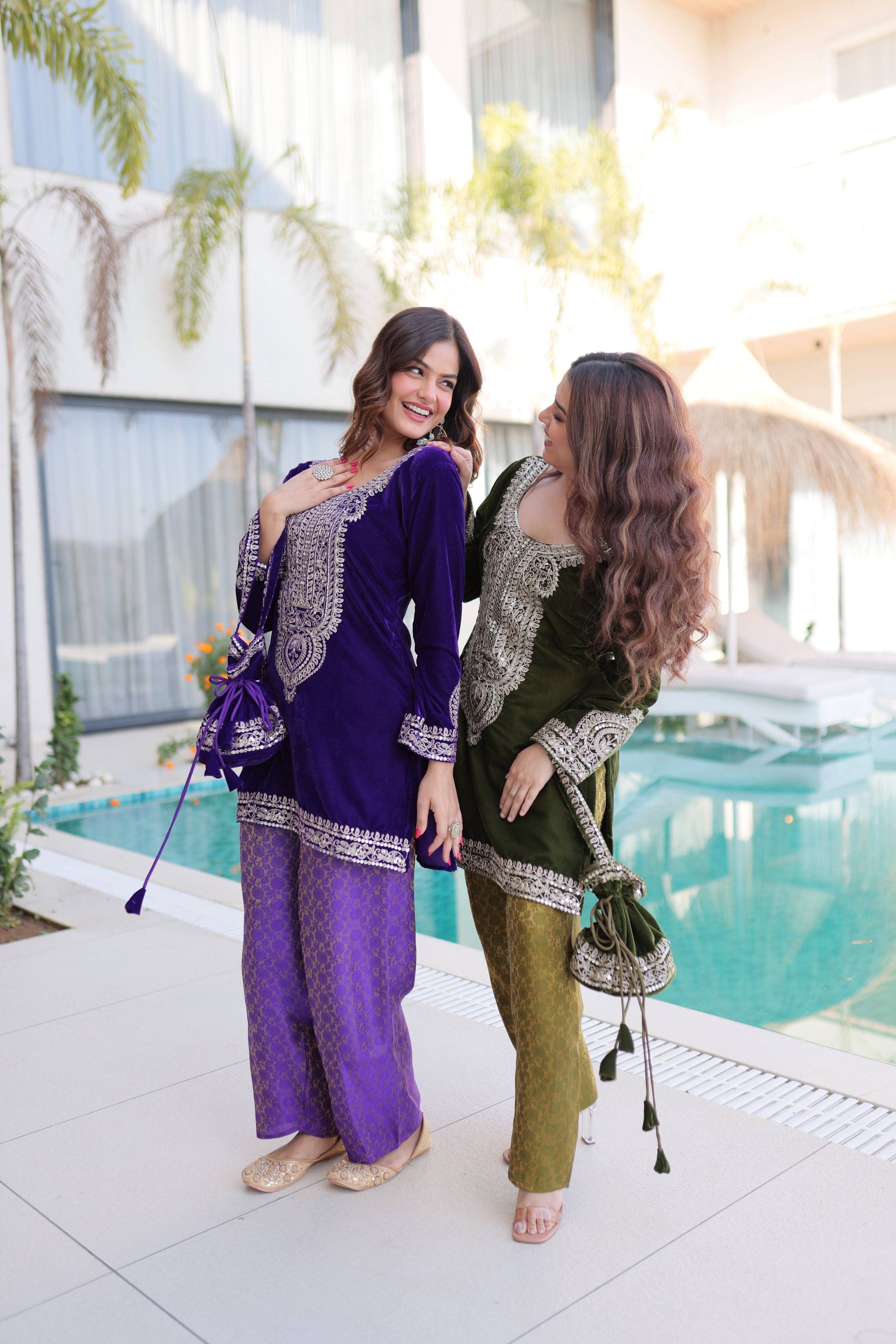Jyoti Fashion Purple & Mehendi Velvet Embroidered Designer Combo Kurta Set with Batwa