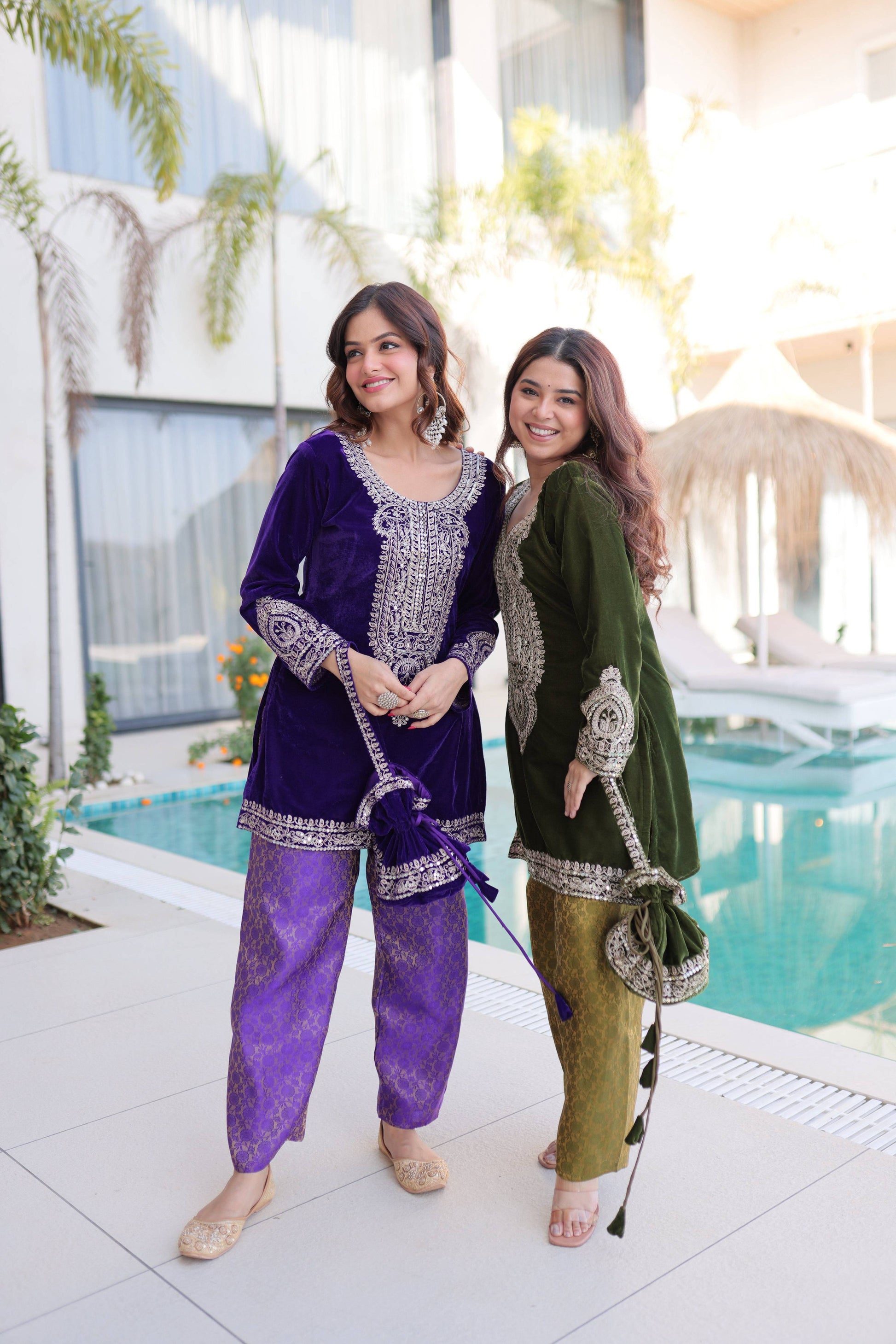 Jyoti Fashion Purple & Mehendi Velvet Embroidered Designer Combo Kurta Set with Batwa