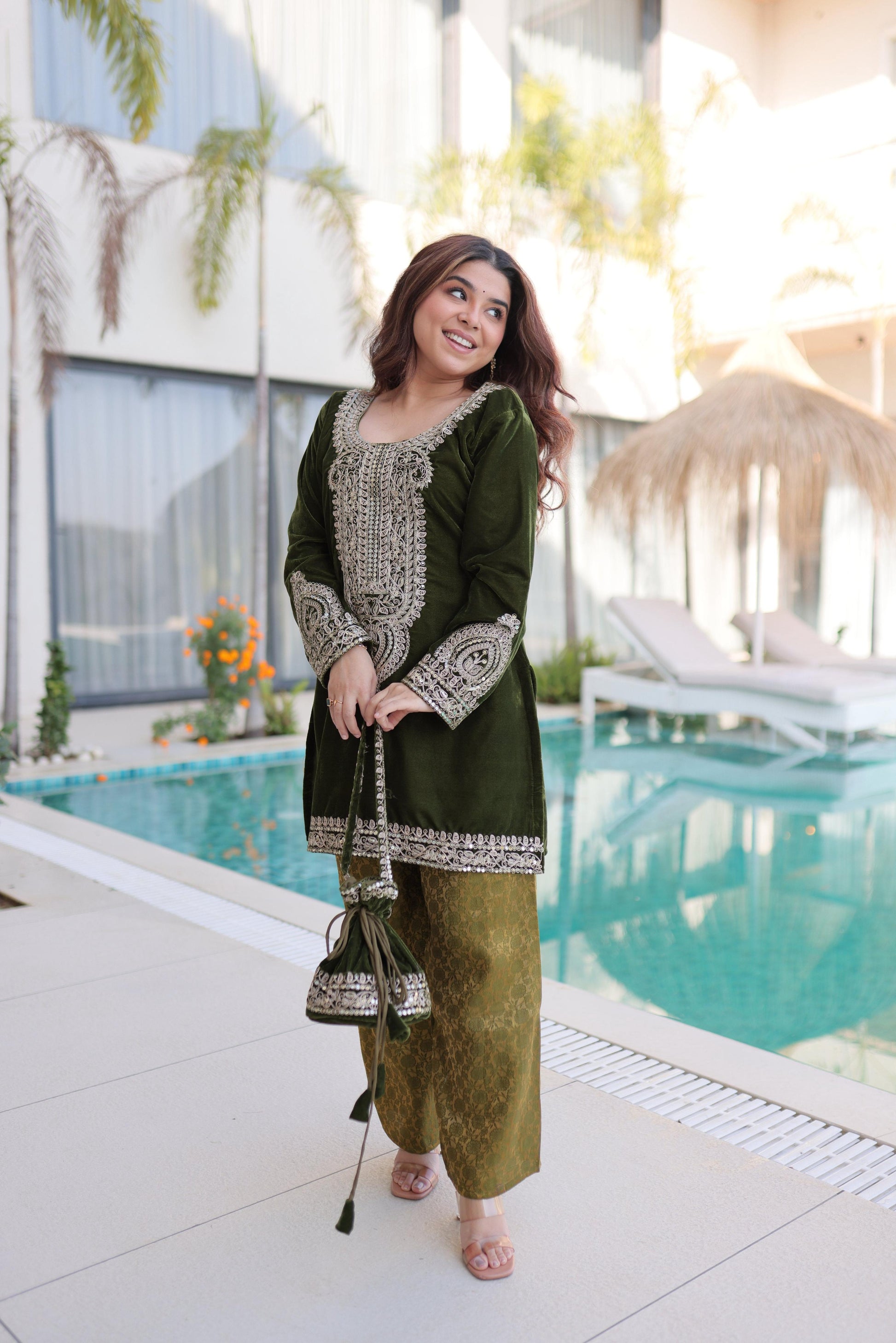 Jyoti Fashion Mehendi Velvet Embroidered Designer Kurta Set with Batwa