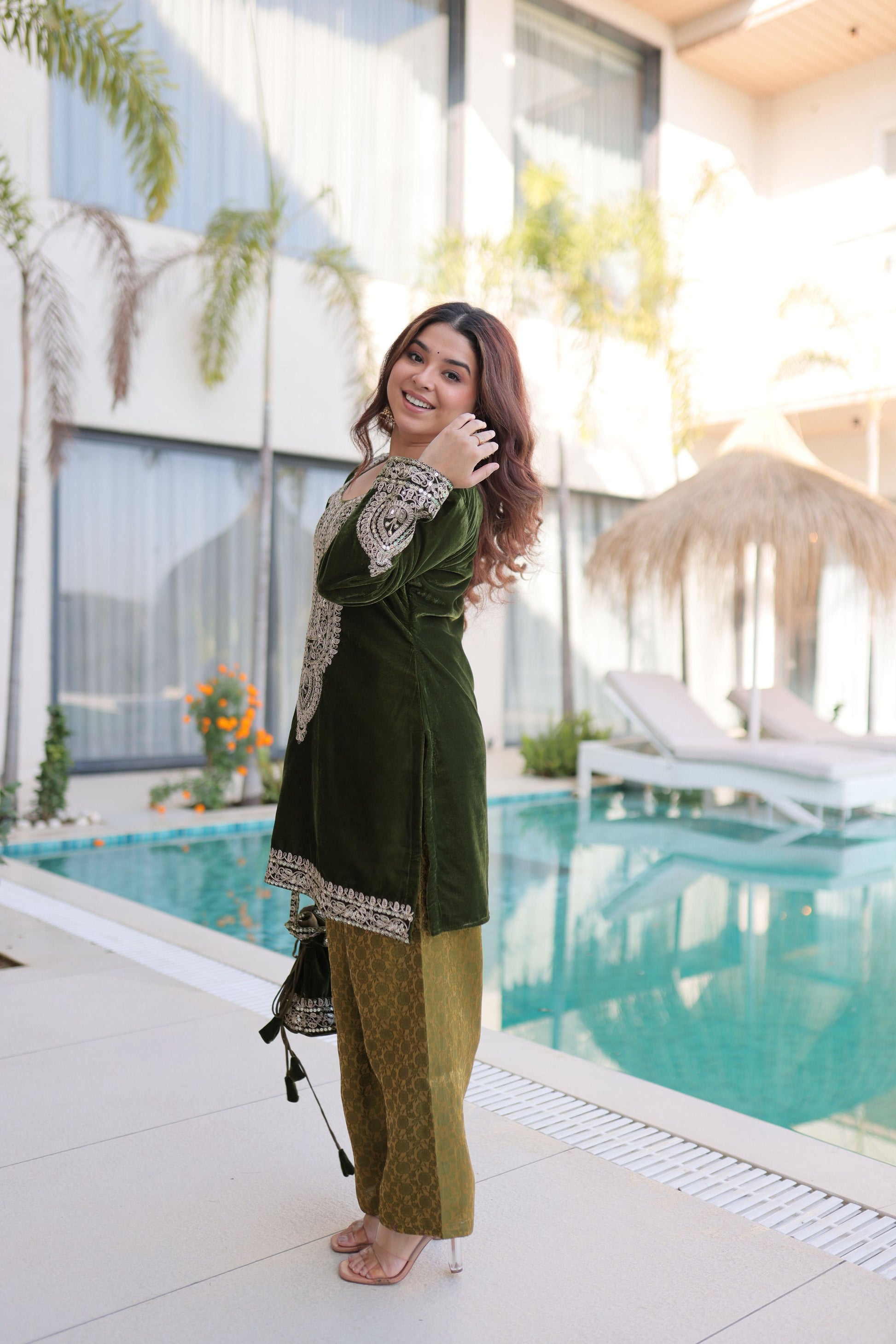 Jyoti Fashion Mehendi Velvet Embroidered Designer Kurta Set with Batwa