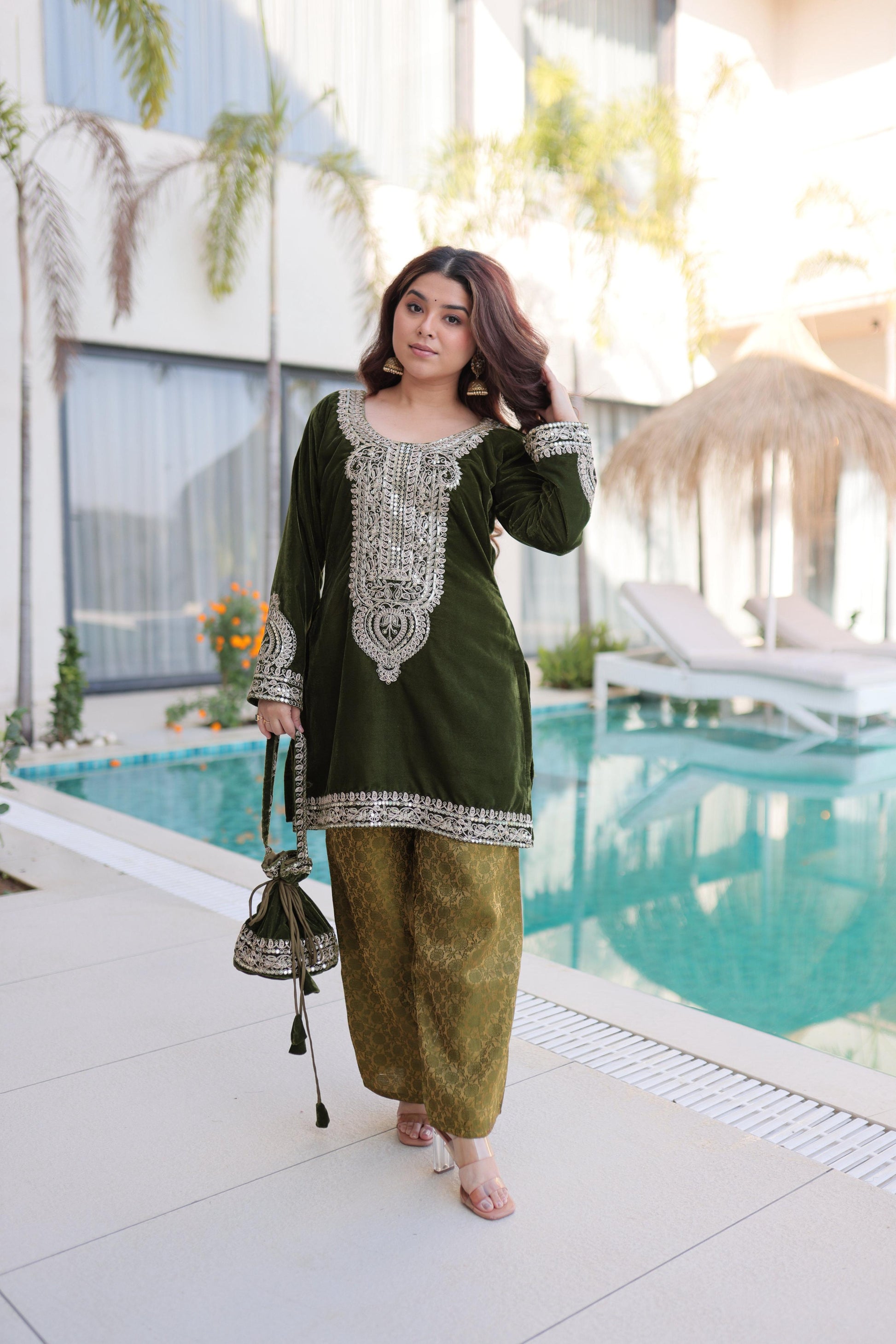 Jyoti Fashion Mehendi Velvet Embroidered Designer Kurta Set with Batwa