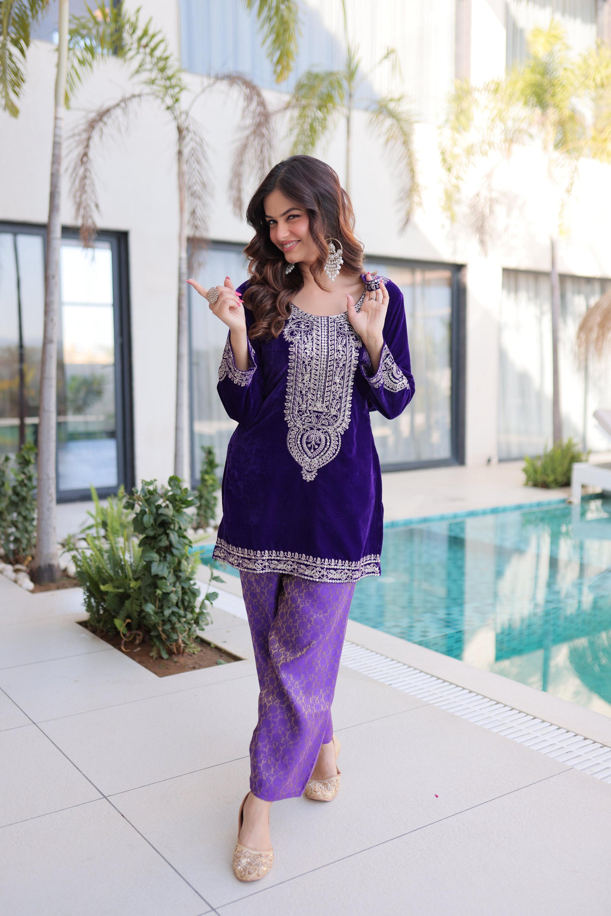 Jyoti Fashion Purple Velvet Embroidered Designer Kurta Set with Batwa
