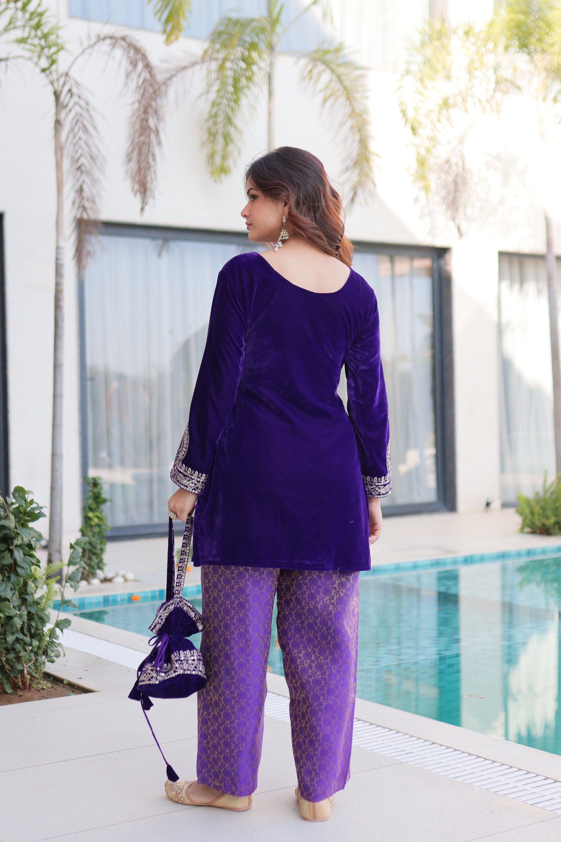 Jyoti Fashion Purple Velvet Embroidered Designer Kurta Set with Batwa