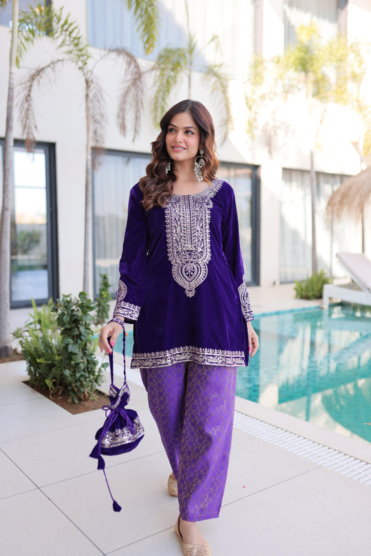 Jyoti Fashion Purple Velvet Embroidered Designer Kurta Set with Batwa