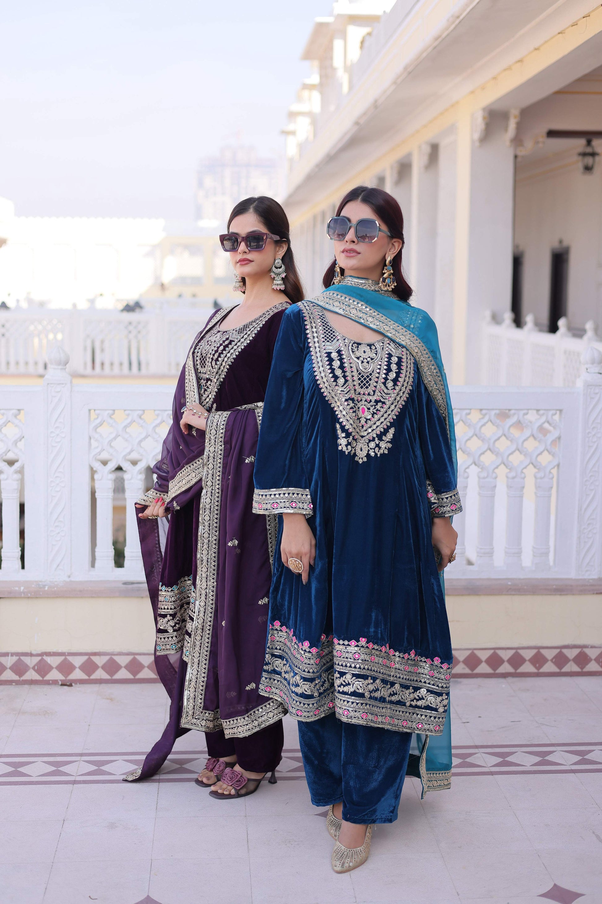 Jyoti Fashion Wine & Rama Velvet Embroidered Designer Combo Kurta Set with Batwa