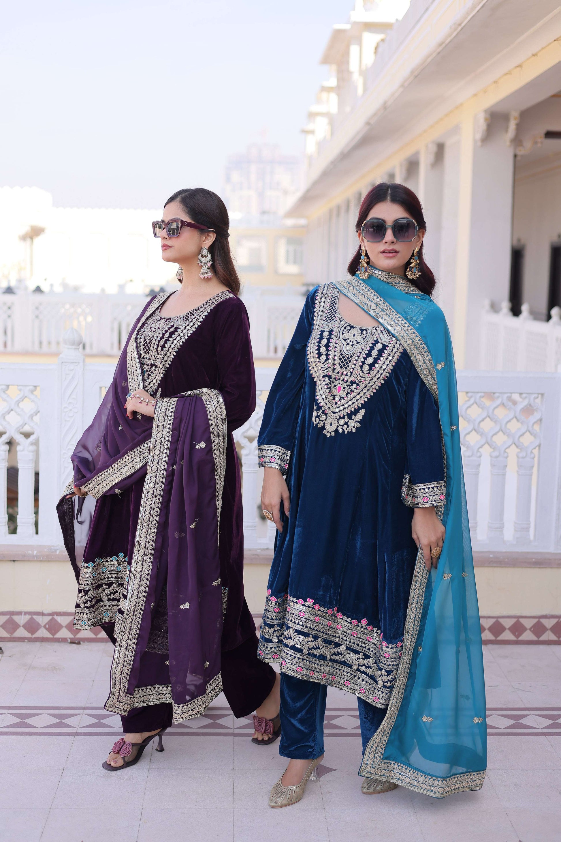 Jyoti Fashion Wine & Rama Velvet Embroidered Designer Combo Kurta Set with Batwa