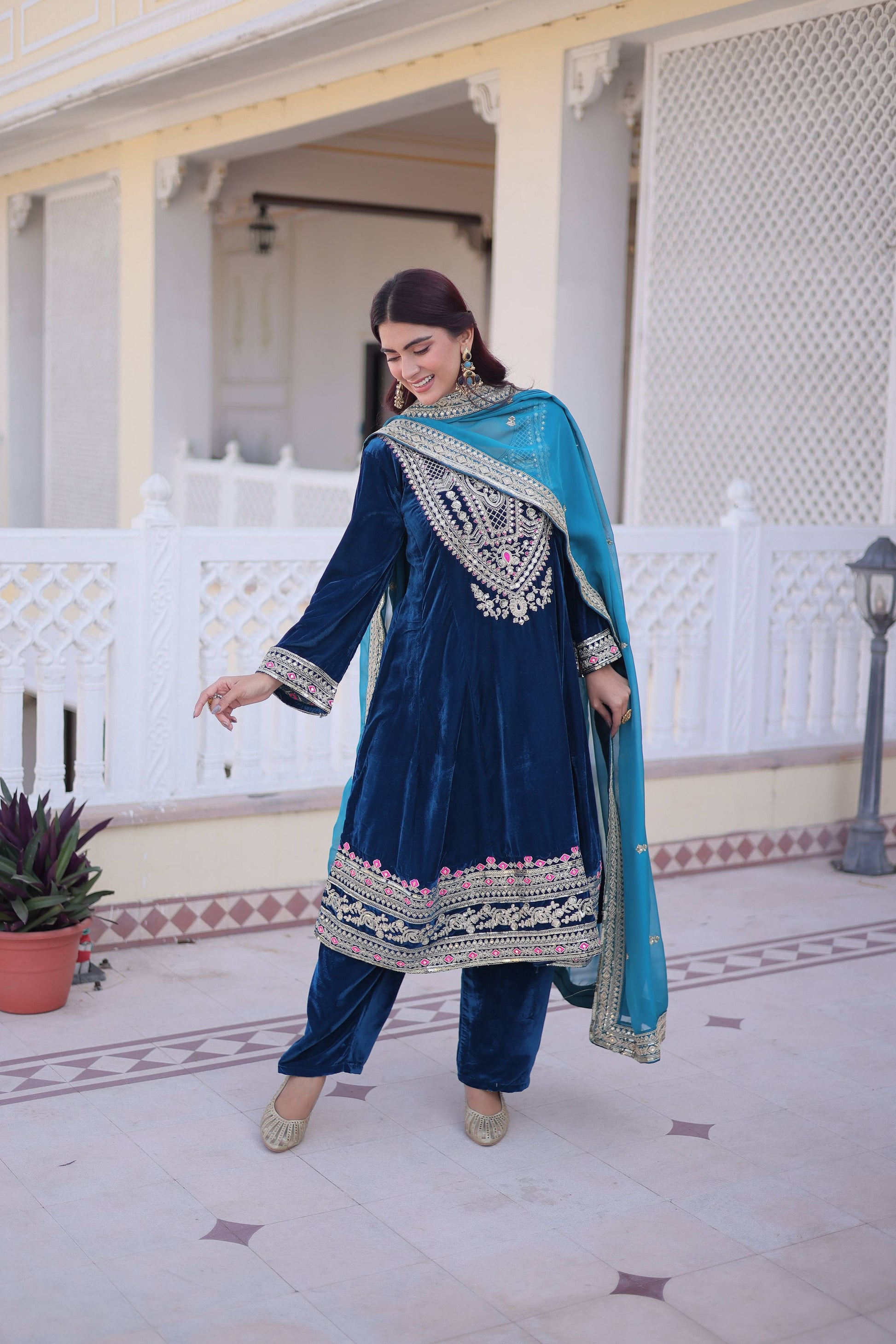 Jyoti Fashion Rama Velvet Embroidered Designer Kurta Set with Batwa