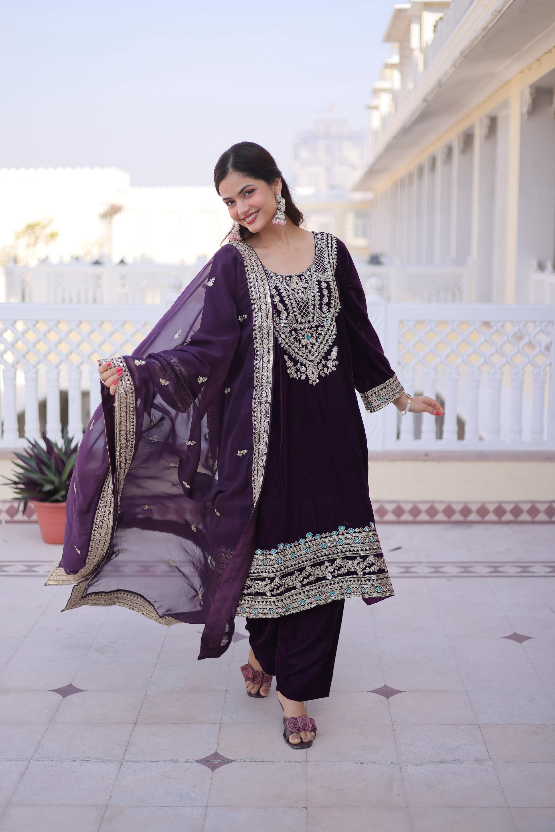 Jyoti Fashion Wine Velvet Embroidered Designer Kurta Set with Batwa