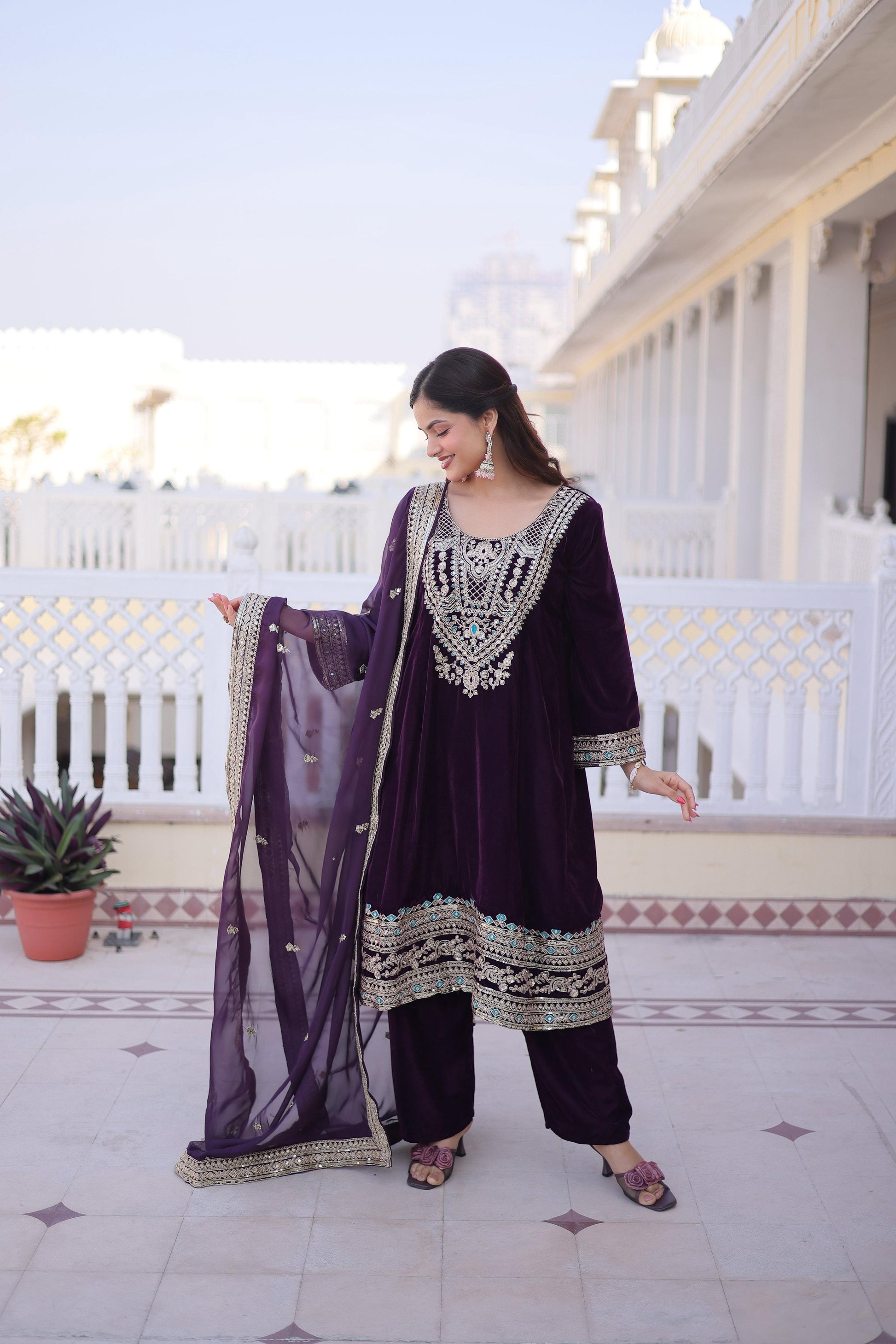 Jyoti Fashion Wine Velvet Embroidered Designer Kurta Set with Batwa