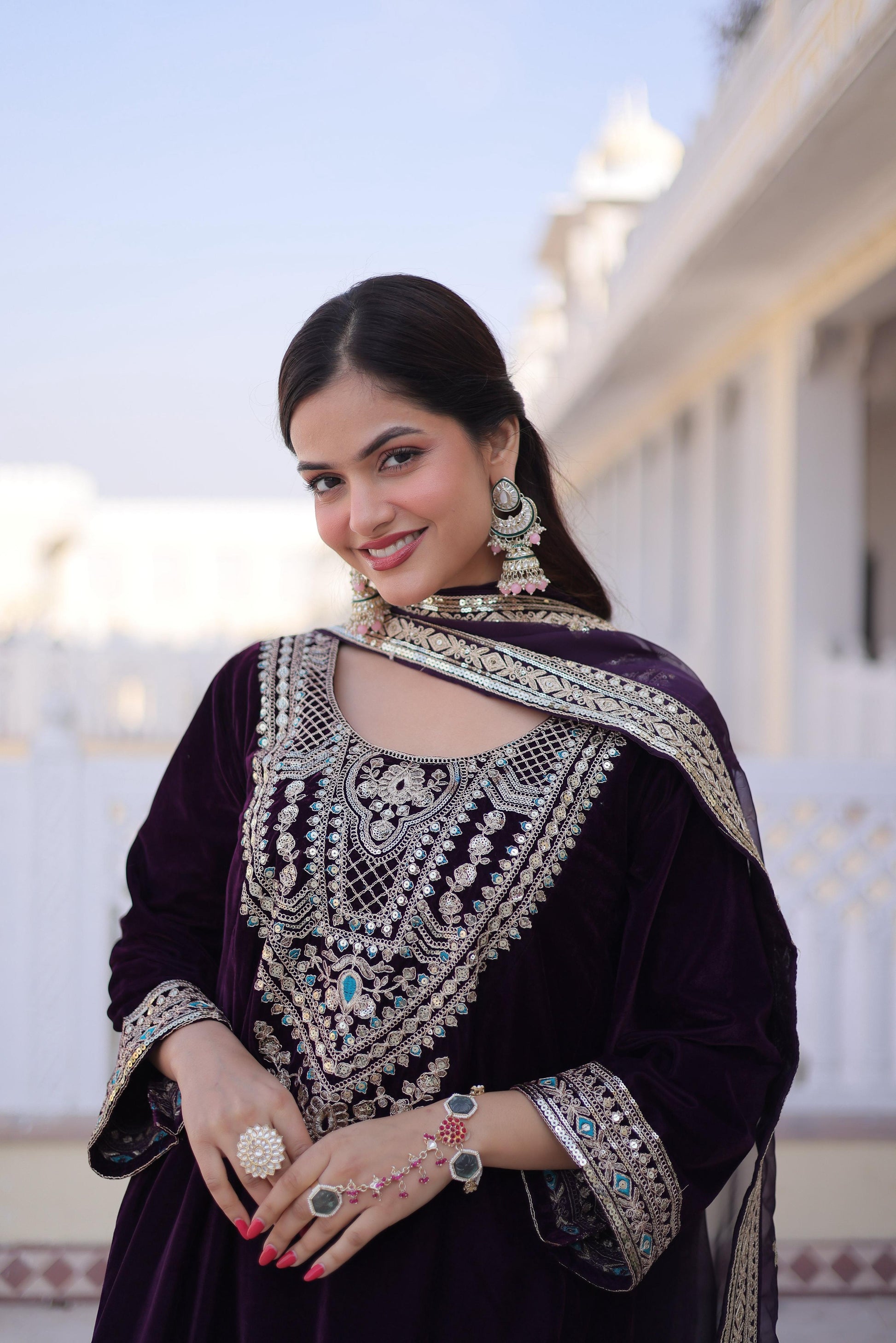 Jyoti Fashion Wine Velvet Embroidered Designer Kurta Set with Batwa