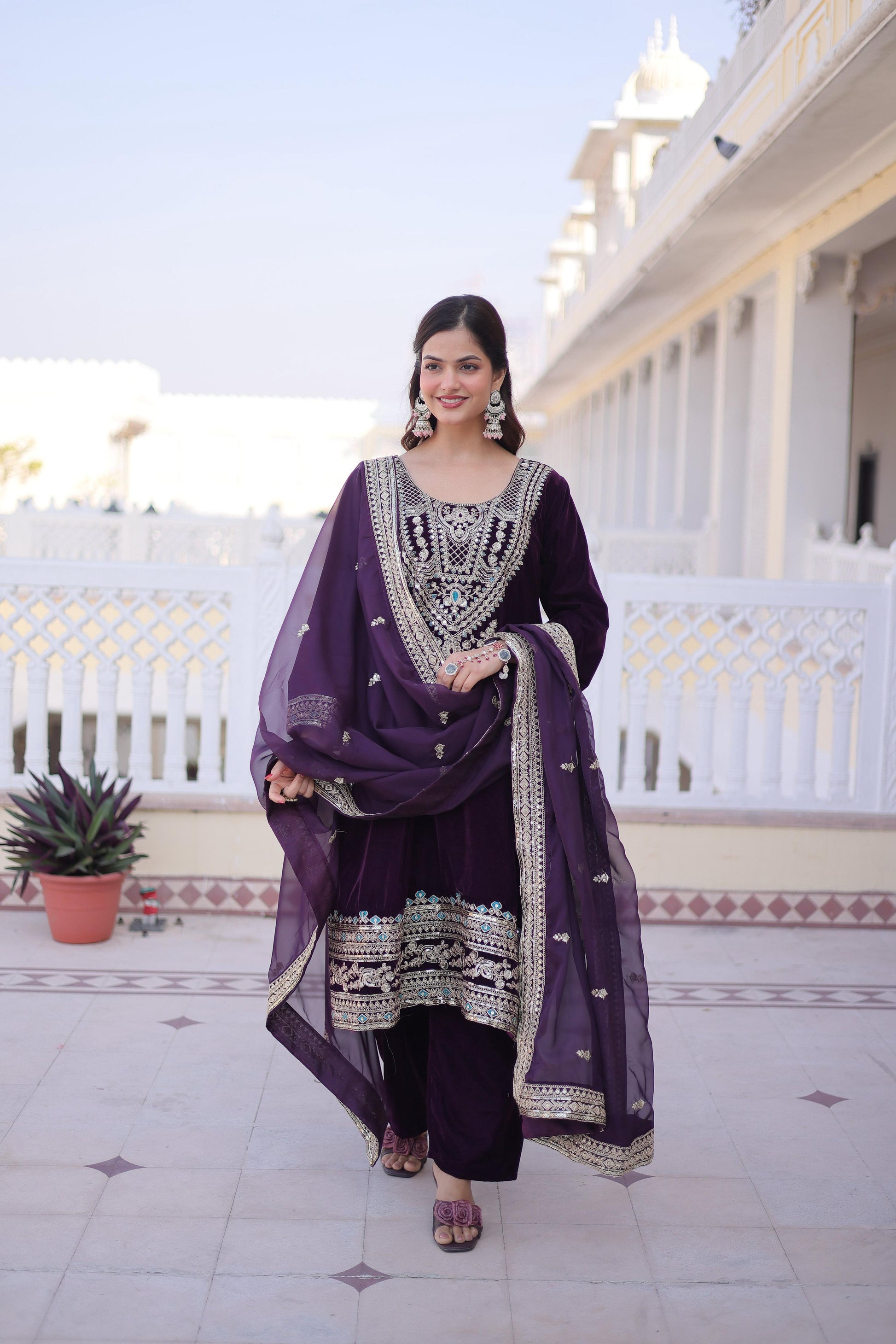 Jyoti Fashion Wine Velvet Embroidered Designer Kurta Set with Batwa
