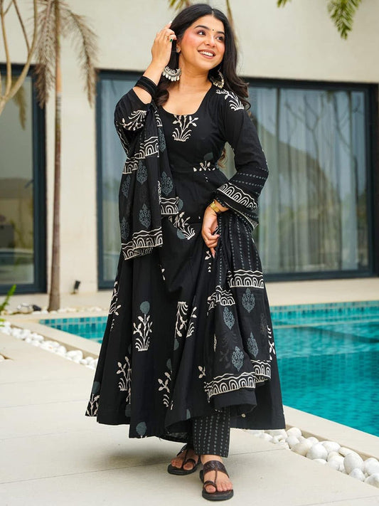Jyoti Fashion Black Rayon Printed Designer Kurta Set With Dupatta