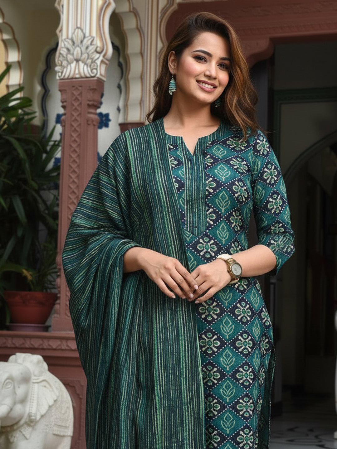 Jyoti Fashion Bottle Green Rayon Printed Designer Kurta Set With Dupatta