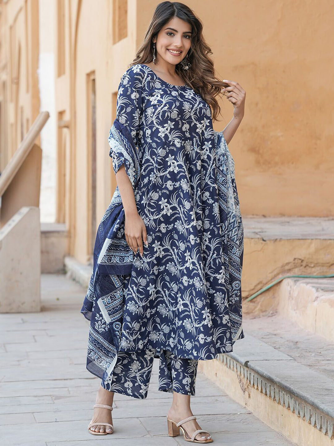 Jyoti Fashion Navy Blue Rayon Printed Designer Kurta Set With Dupatta