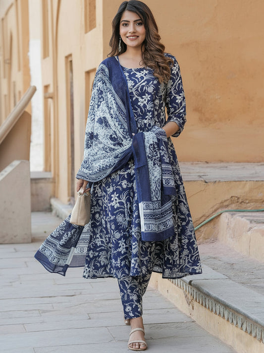Jyoti Fashion Navy Blue Rayon Printed Designer Kurta Set With Dupatta