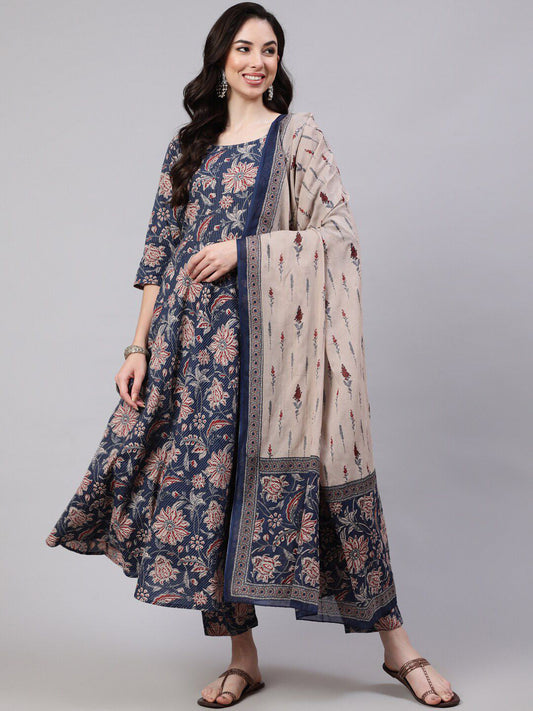 Jyoti Fashion Navy Blue Rayon Printed Designer Kurta Set With Dupatta