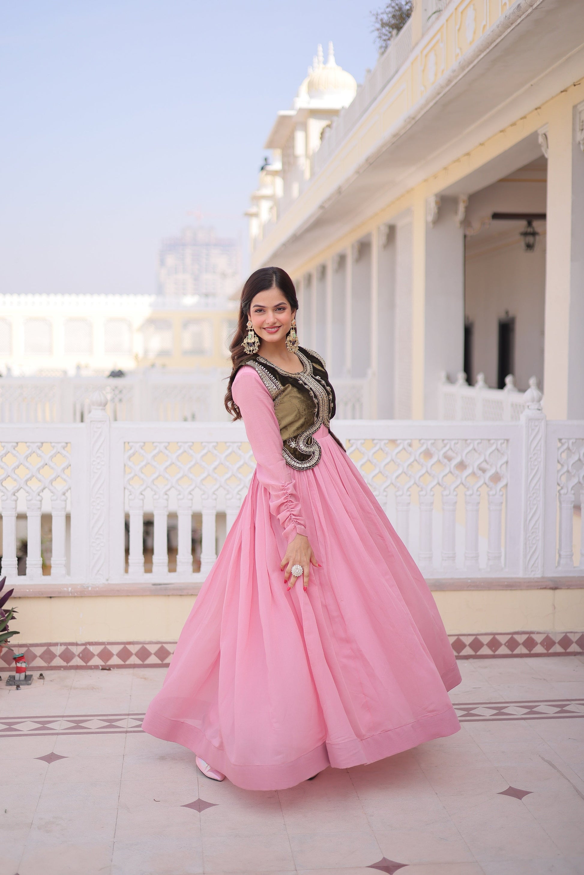 Jyoti Fashion Baby Pink Mal Chanderi Designer Anarkali Gown with Koti