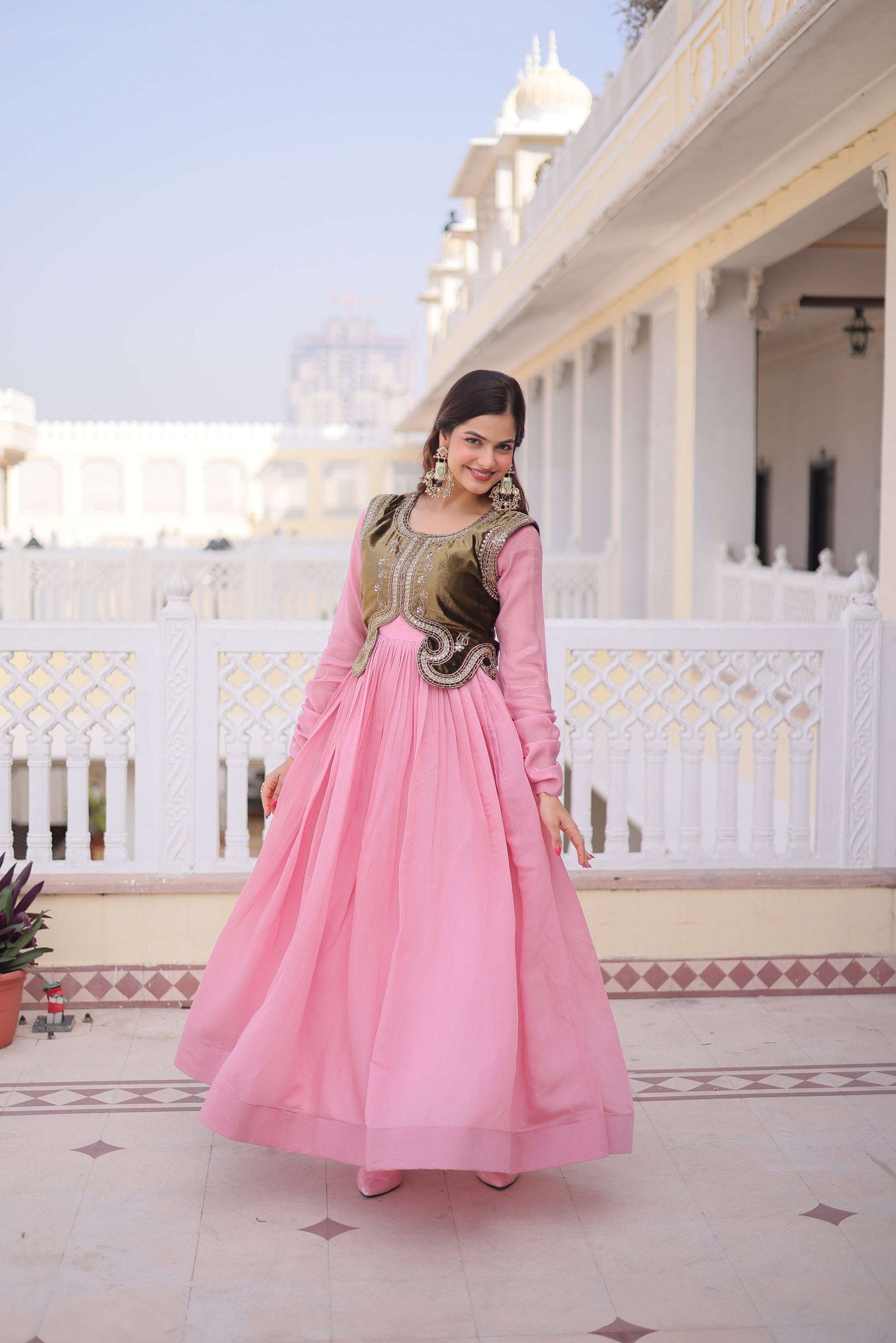 Jyoti Fashion Baby Pink Mal Chanderi Designer Anarkali Gown with Koti