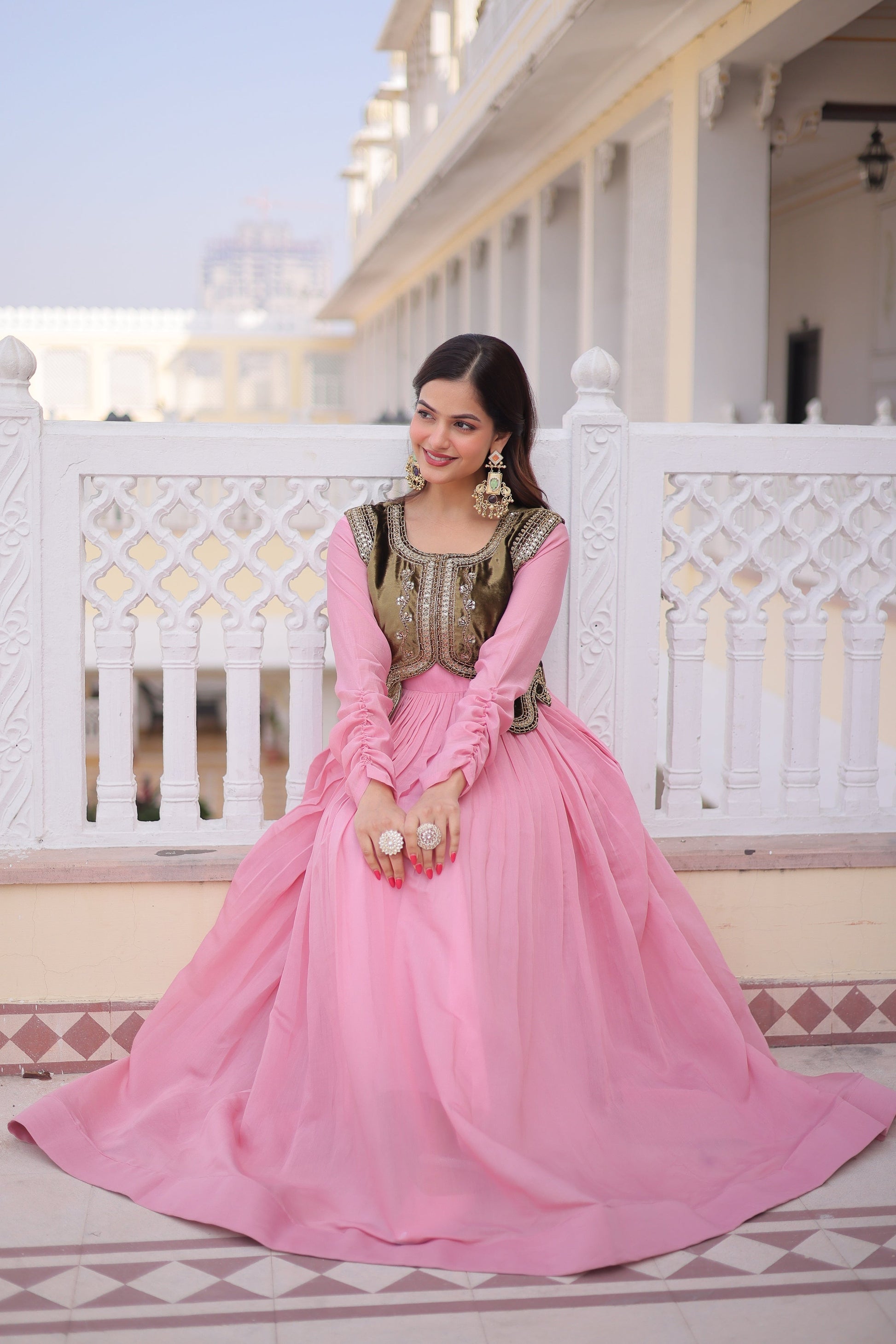 Jyoti Fashion Baby Pink Mal Chanderi Designer Anarkali Gown with Koti