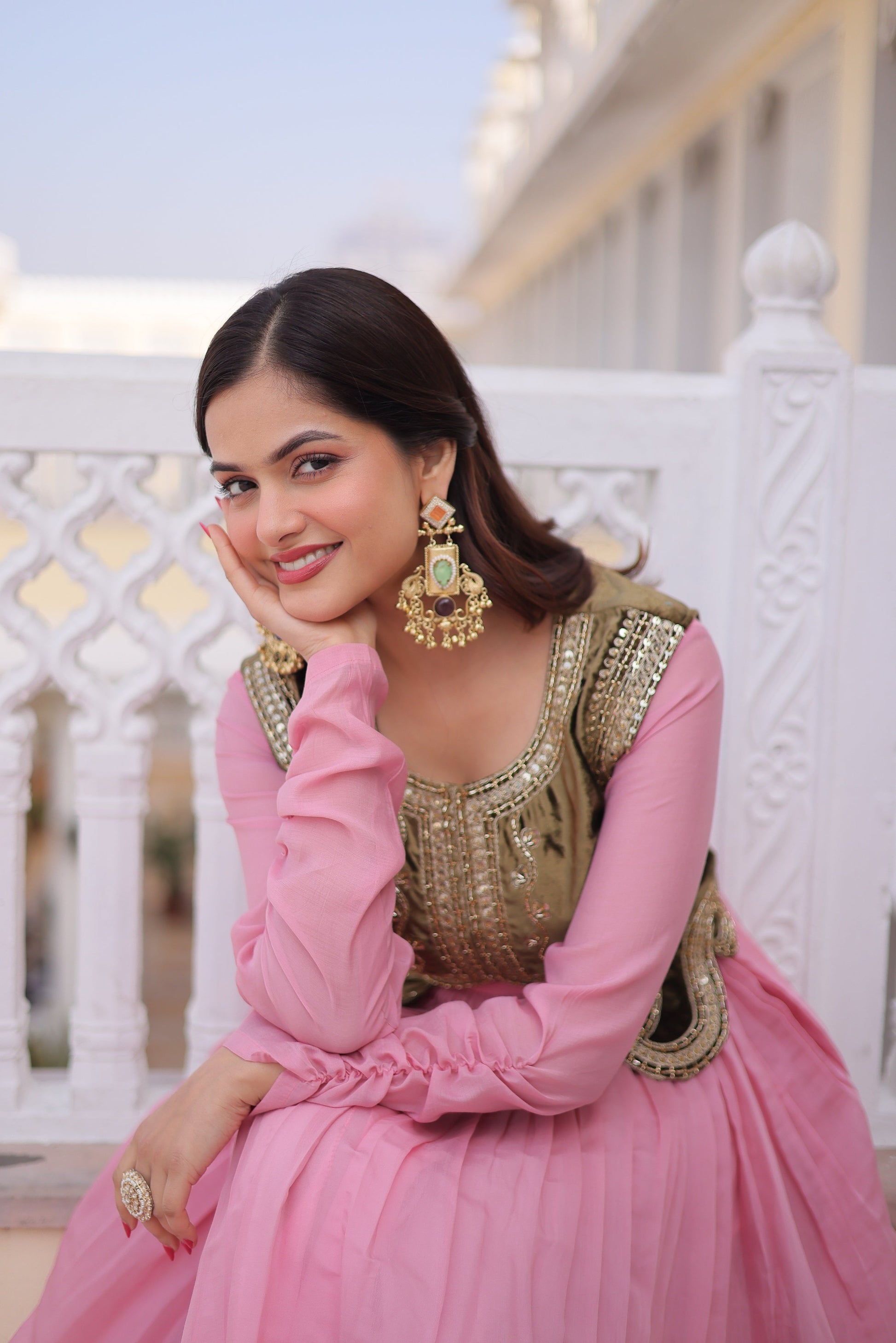 Jyoti Fashion Baby Pink Mal Chanderi Designer Anarkali Gown with Koti