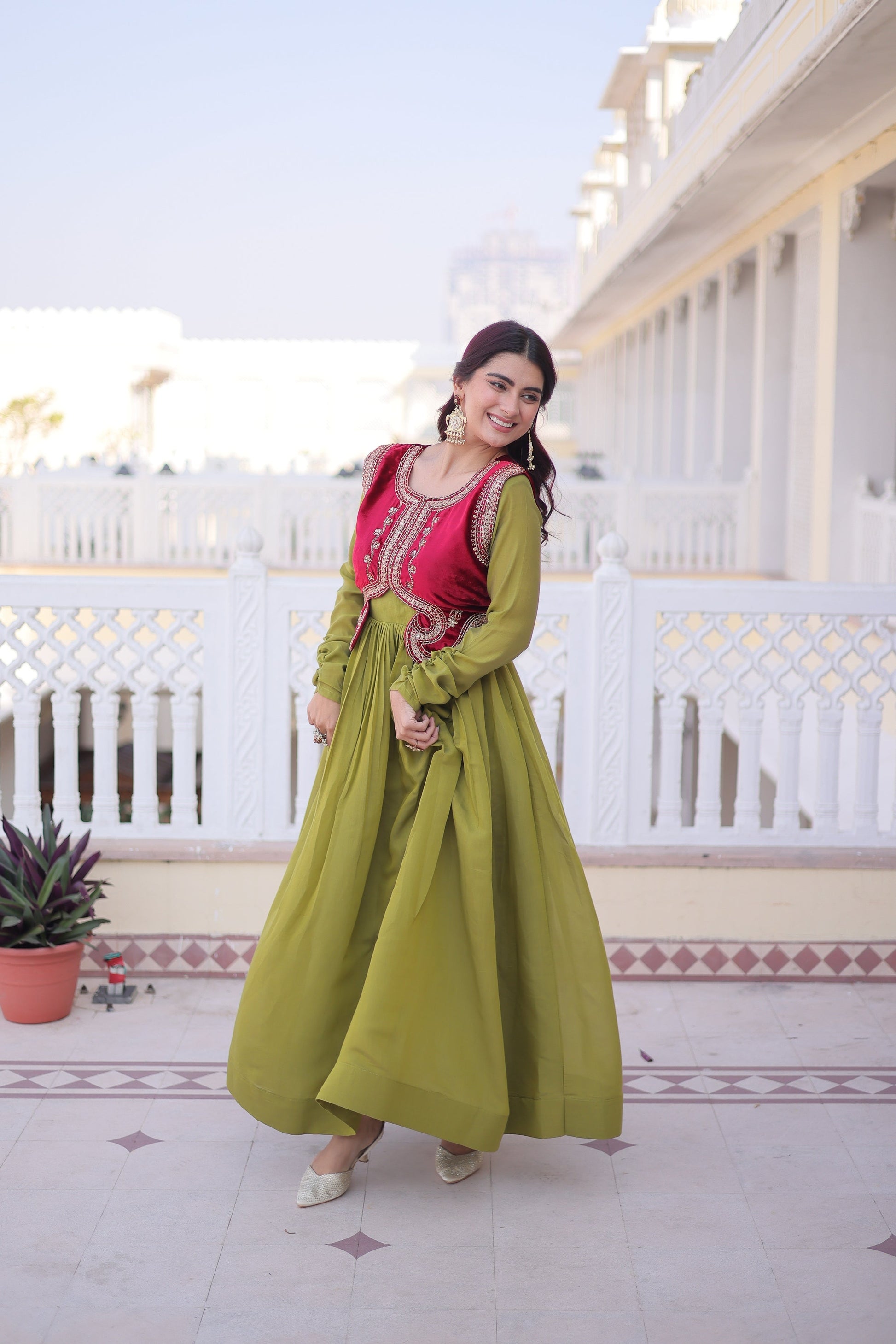 Jyoti Fashion Green Mal Chanderi Designer Anarkali Gown with Koti