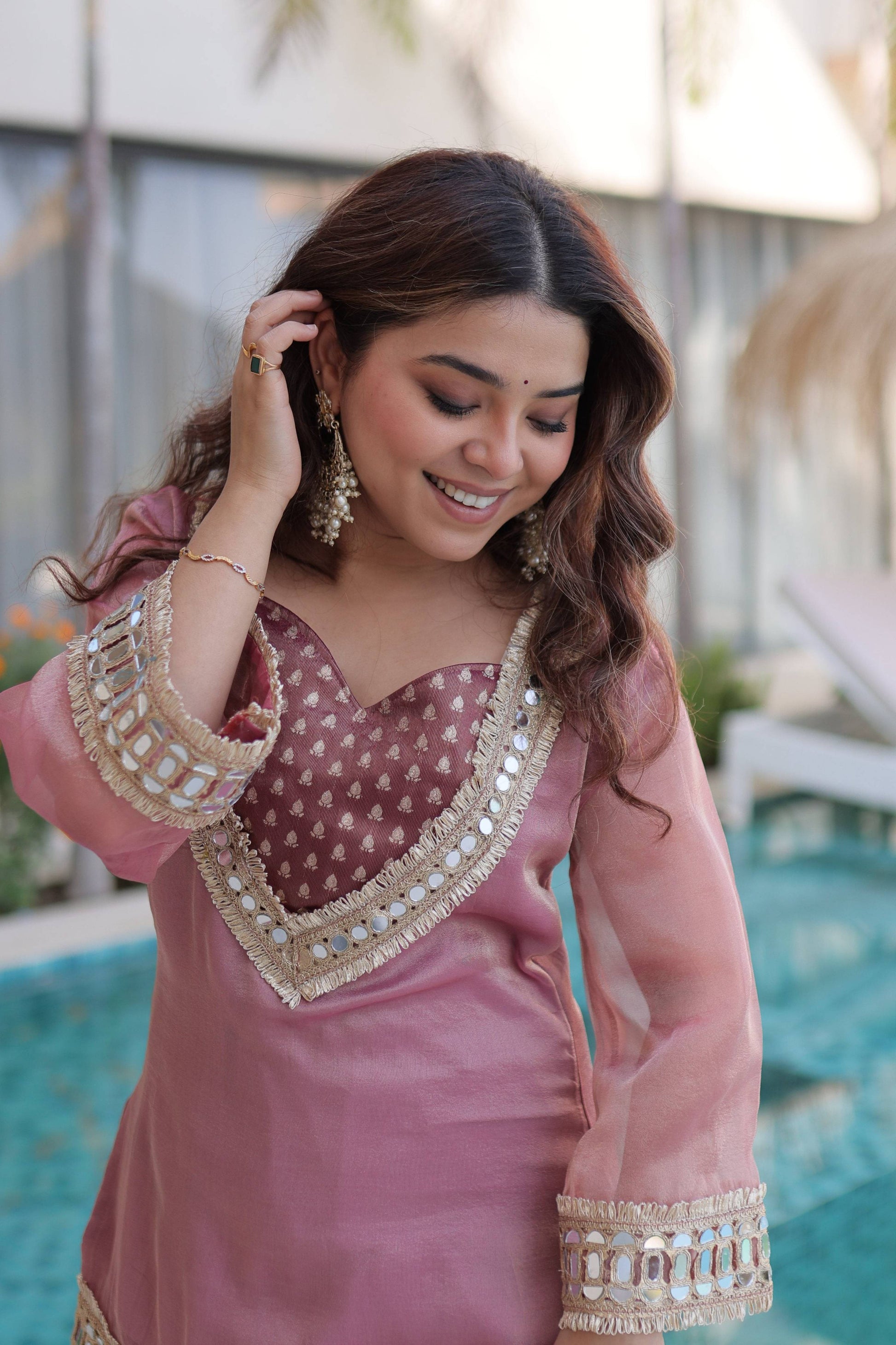 Jyoti Fashion Pink Salsa Fabric Mirror Lace Work Designer Kurta Set with Batwa