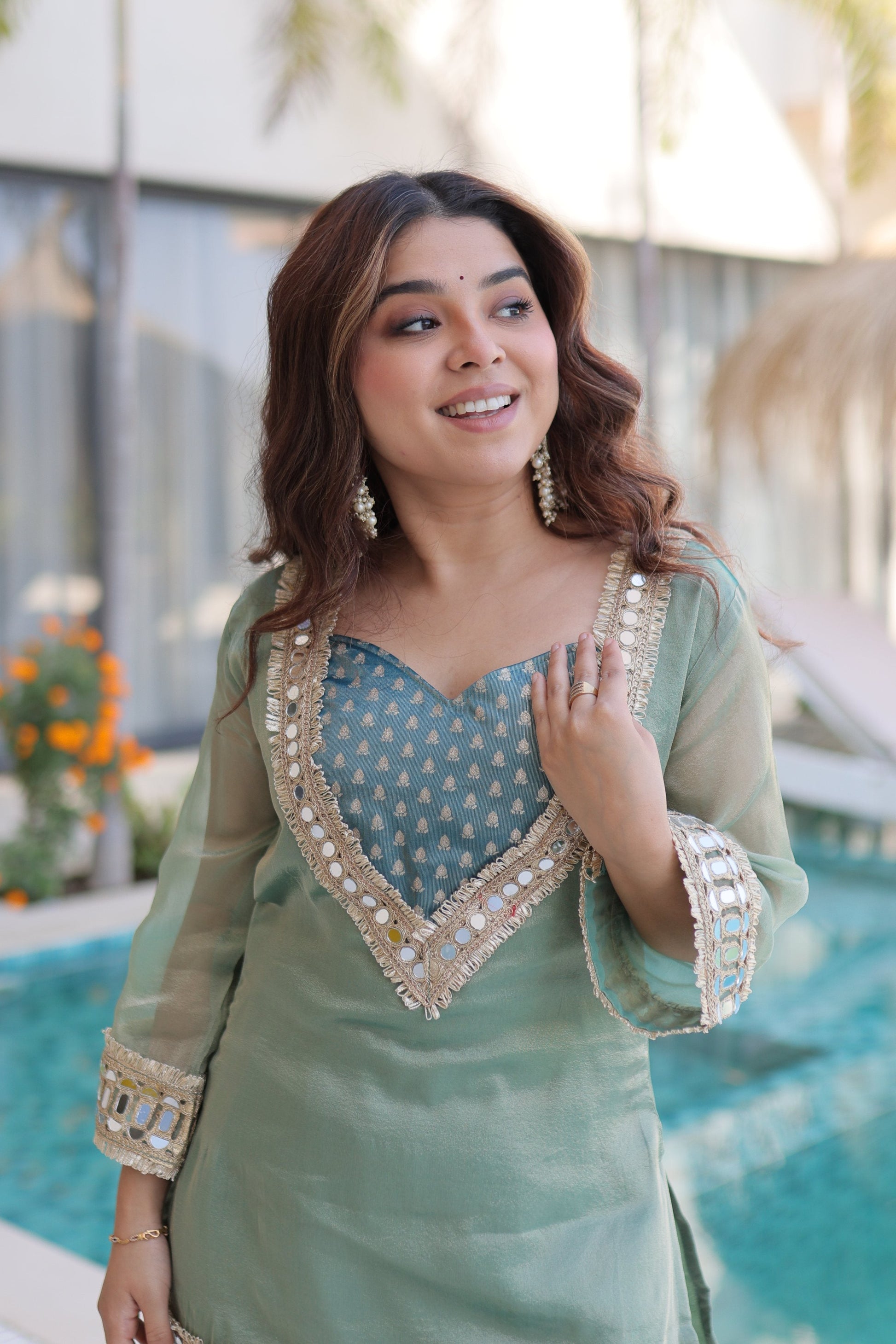 Jyoti Fashion Sea Green Salsa Fabric Mirror Lace Work Designer Kurta Set with Batwa
