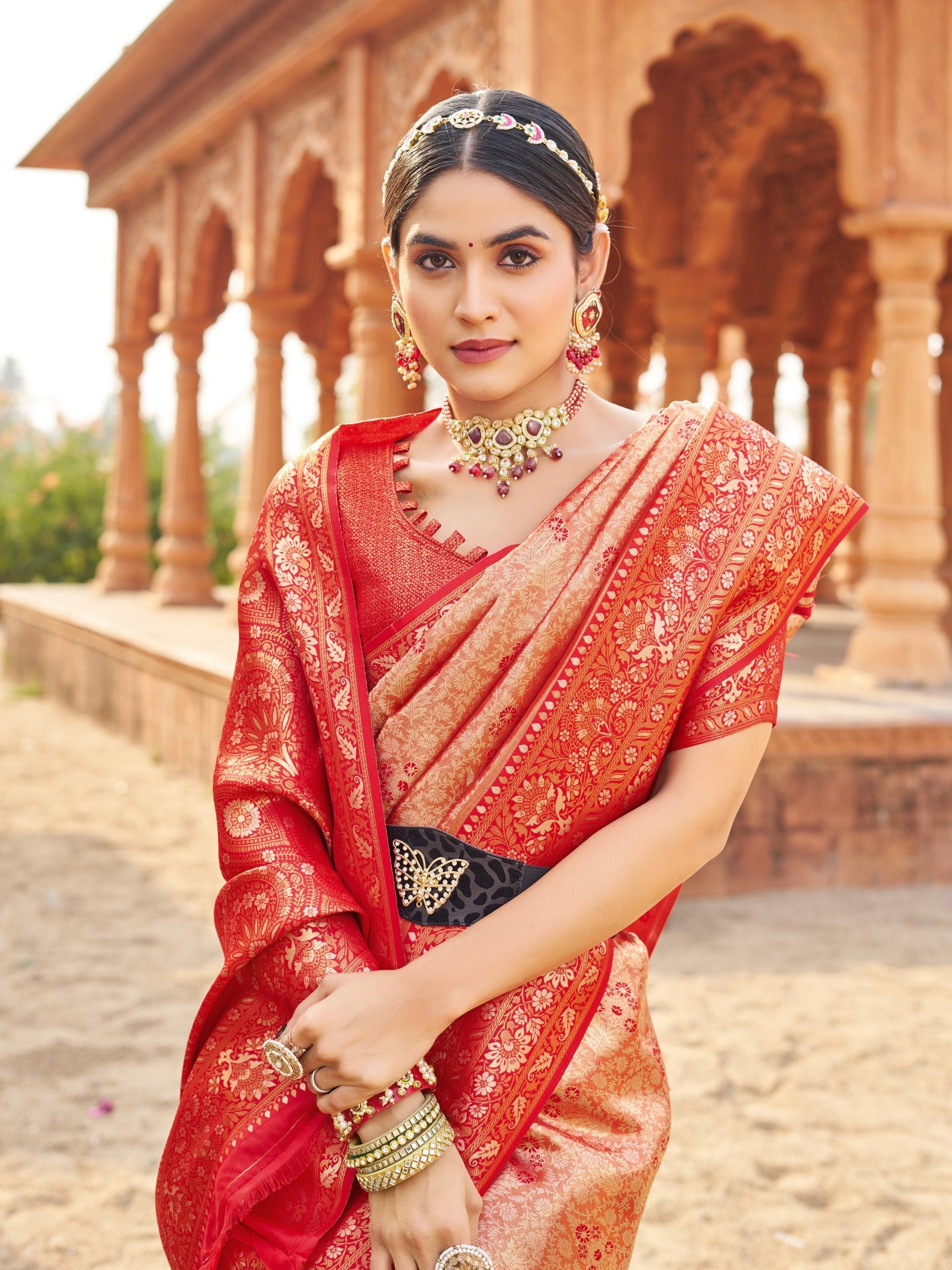 Jyoti Fashion Women's Peach Soft Banarasi Silk Zari Woven Saree with Blouse