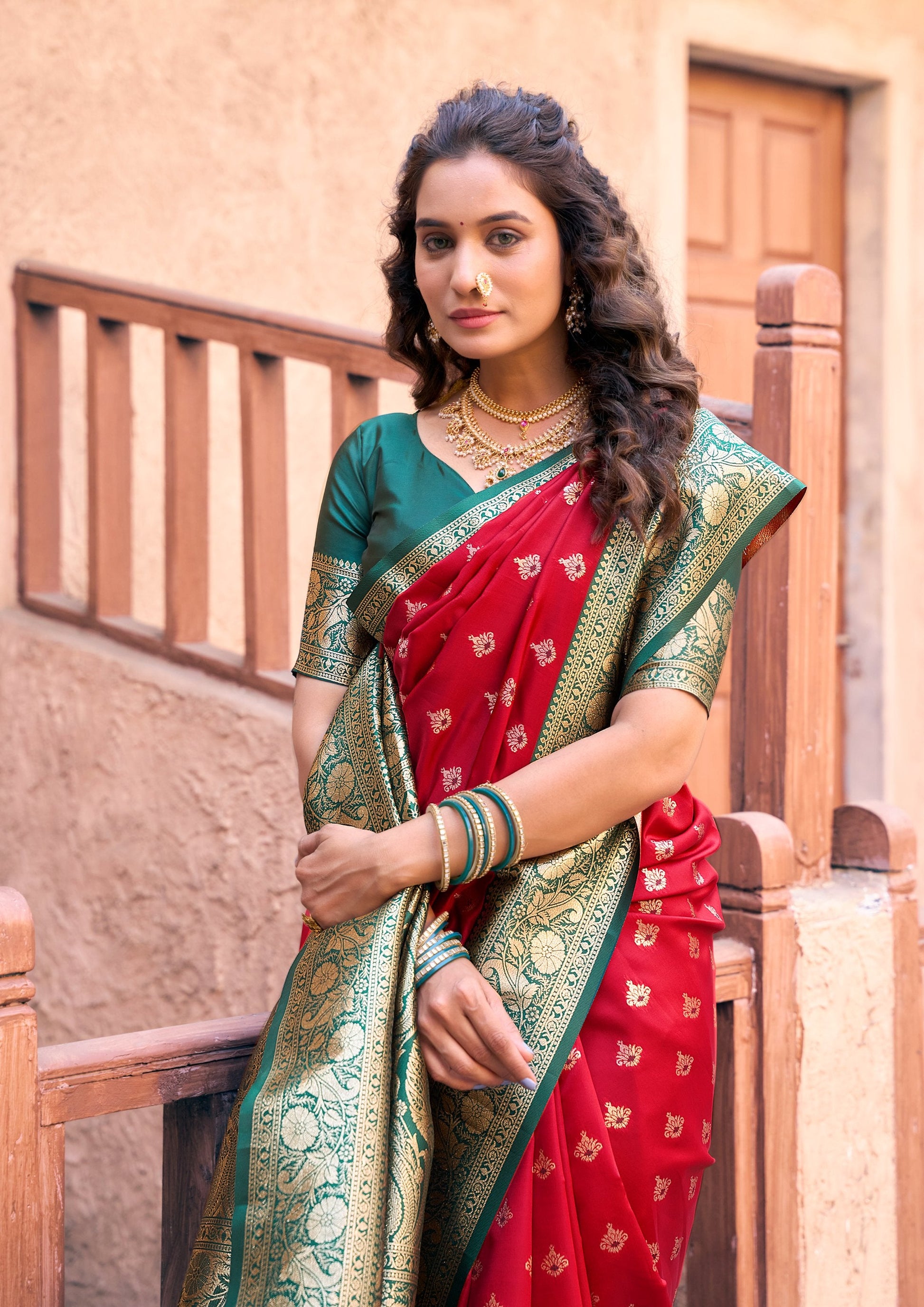Jyoti Fashion Women's Red Silk Zari Woven Saree with Blouse