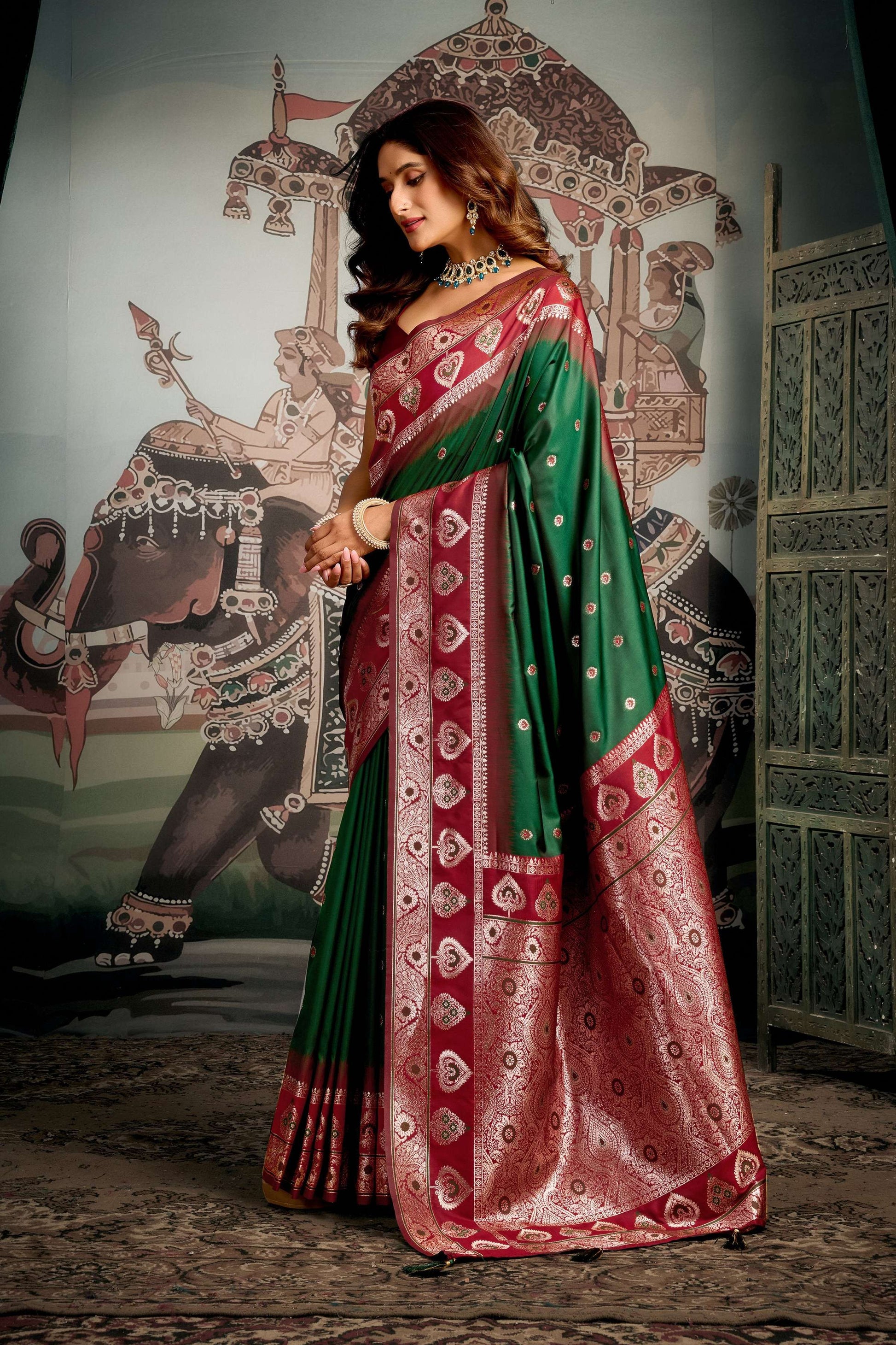 Jyoti Fashion Women's Bottle Green Soft Silk Zari Woven Saree with Blouse