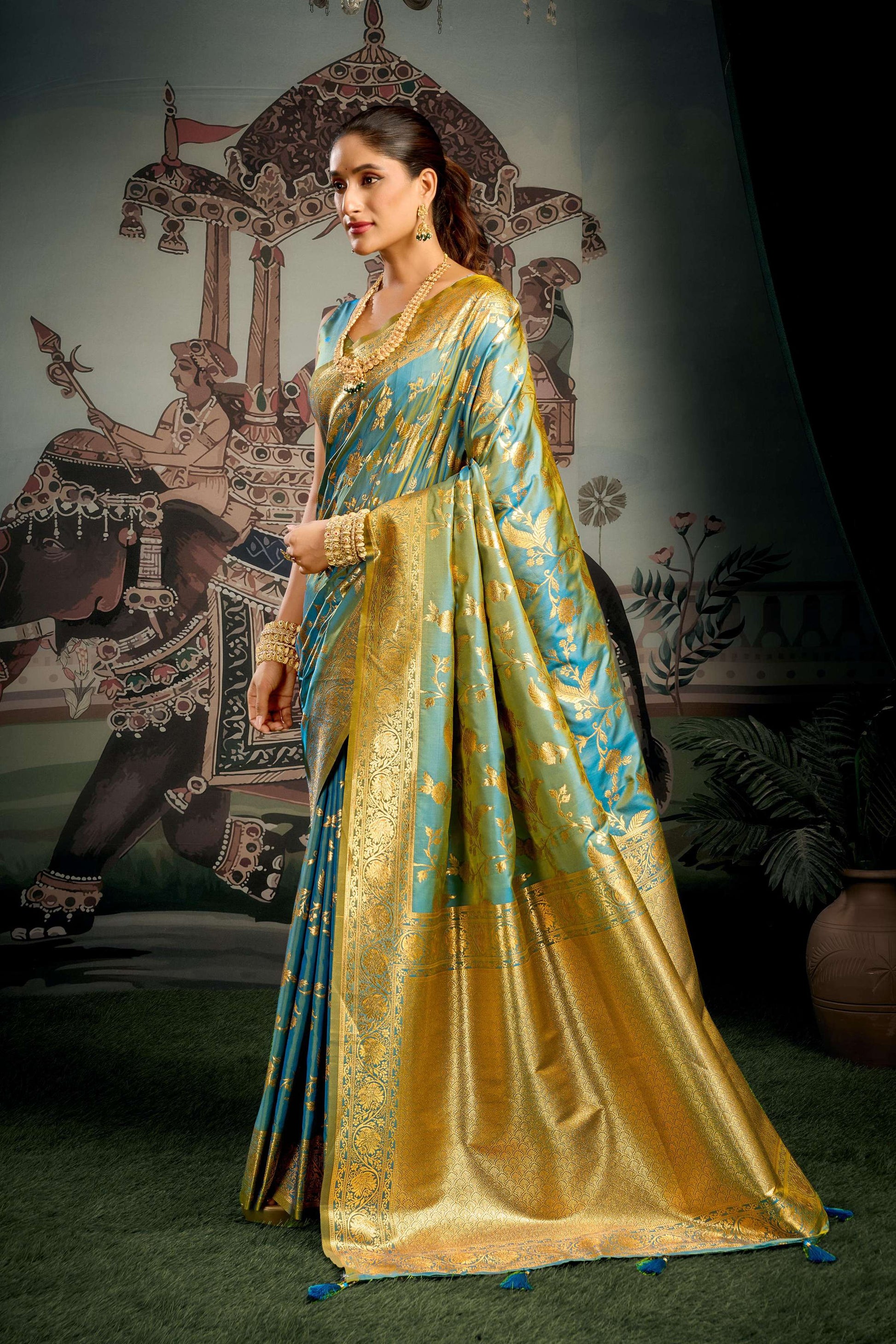 Jyoti Fashion Women's Turquoise Premium Soft Silk Zari Woven Saree with Blouse