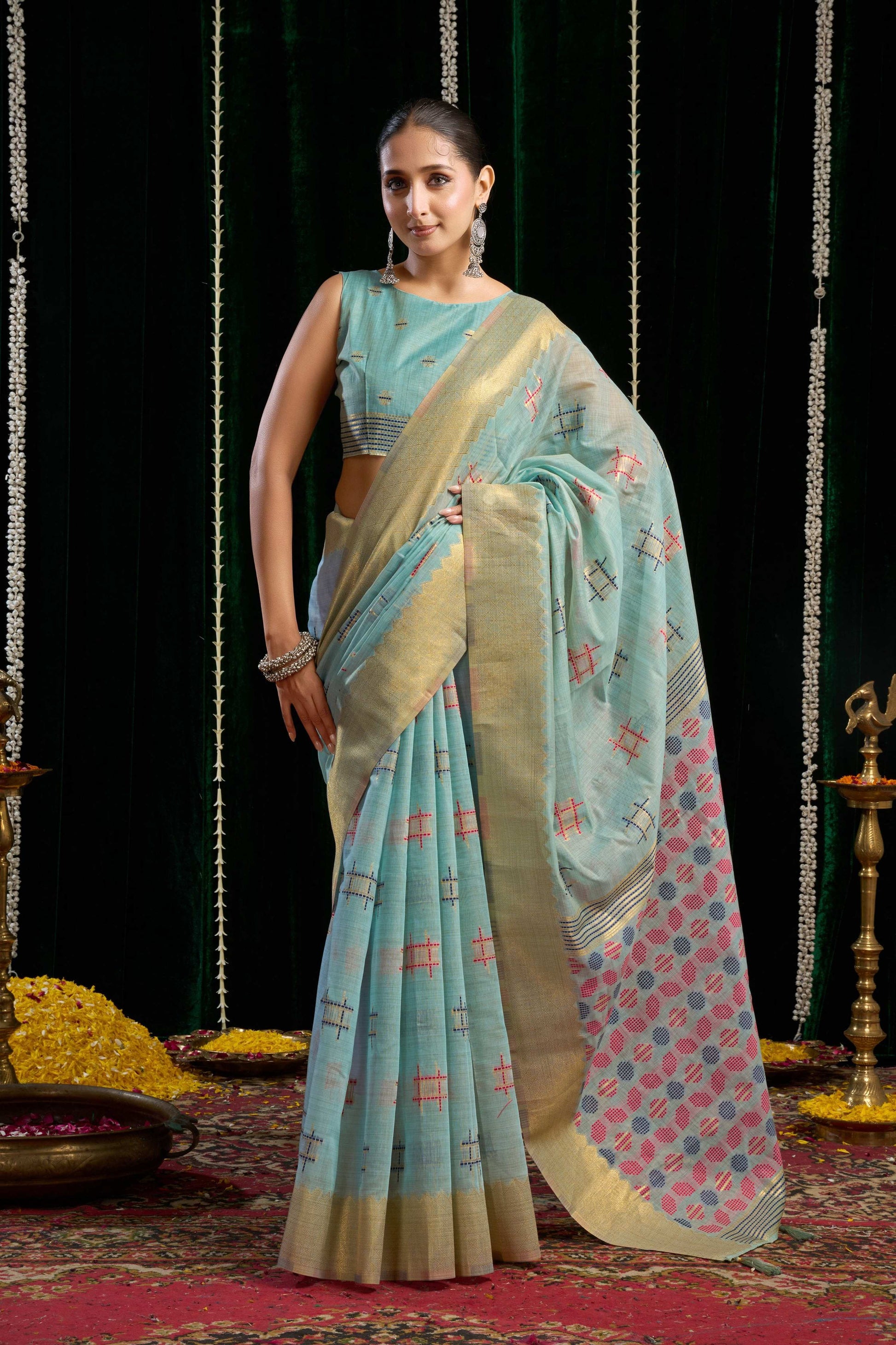 Jyoti Fashion Women's Turquoise Soft Spun Cotton Zari Woven Saree with Blouse