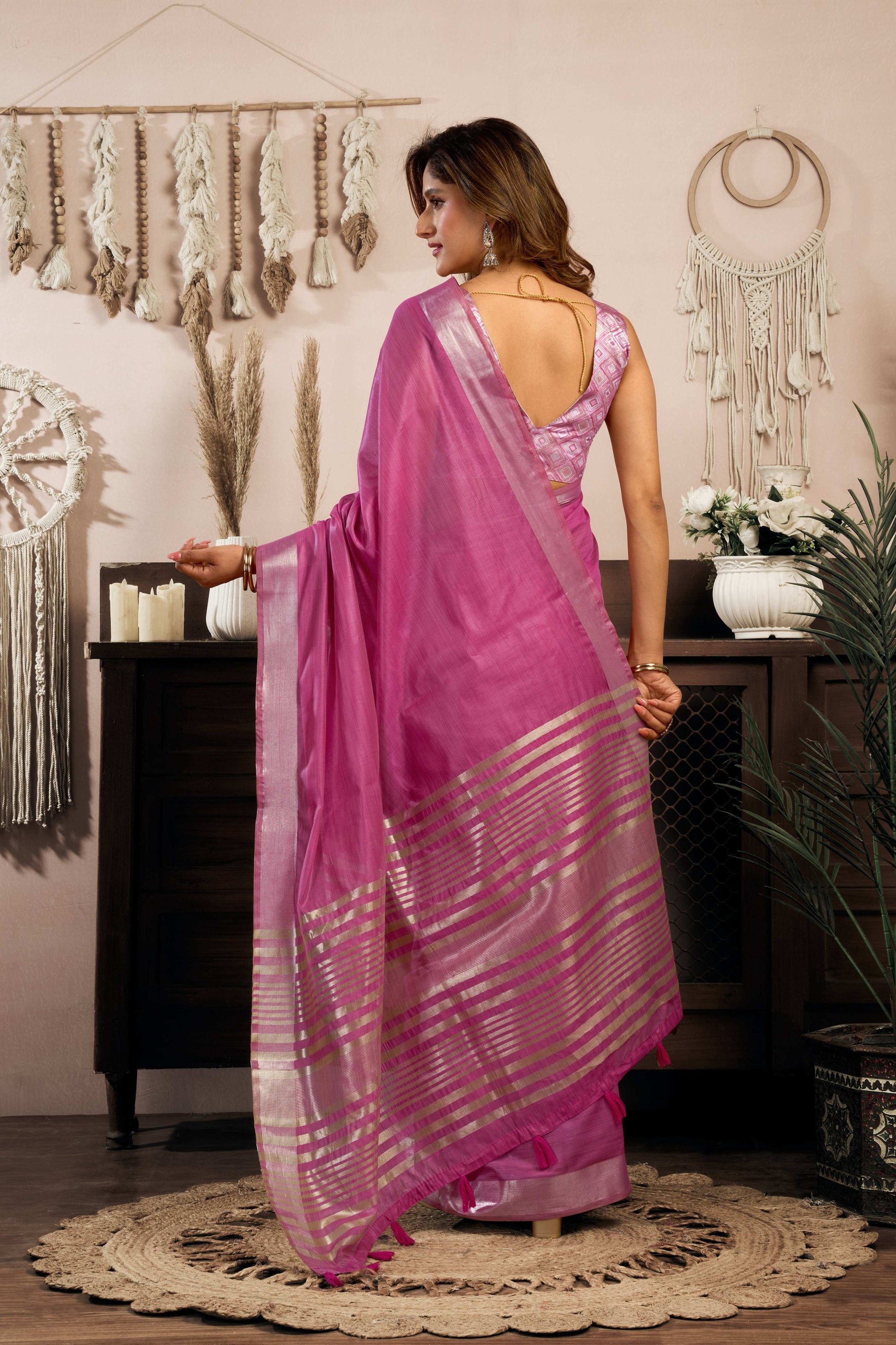 Jyoti Fashion Women's Magenta Khadi Cotton Zari Woven Saree with Blouse