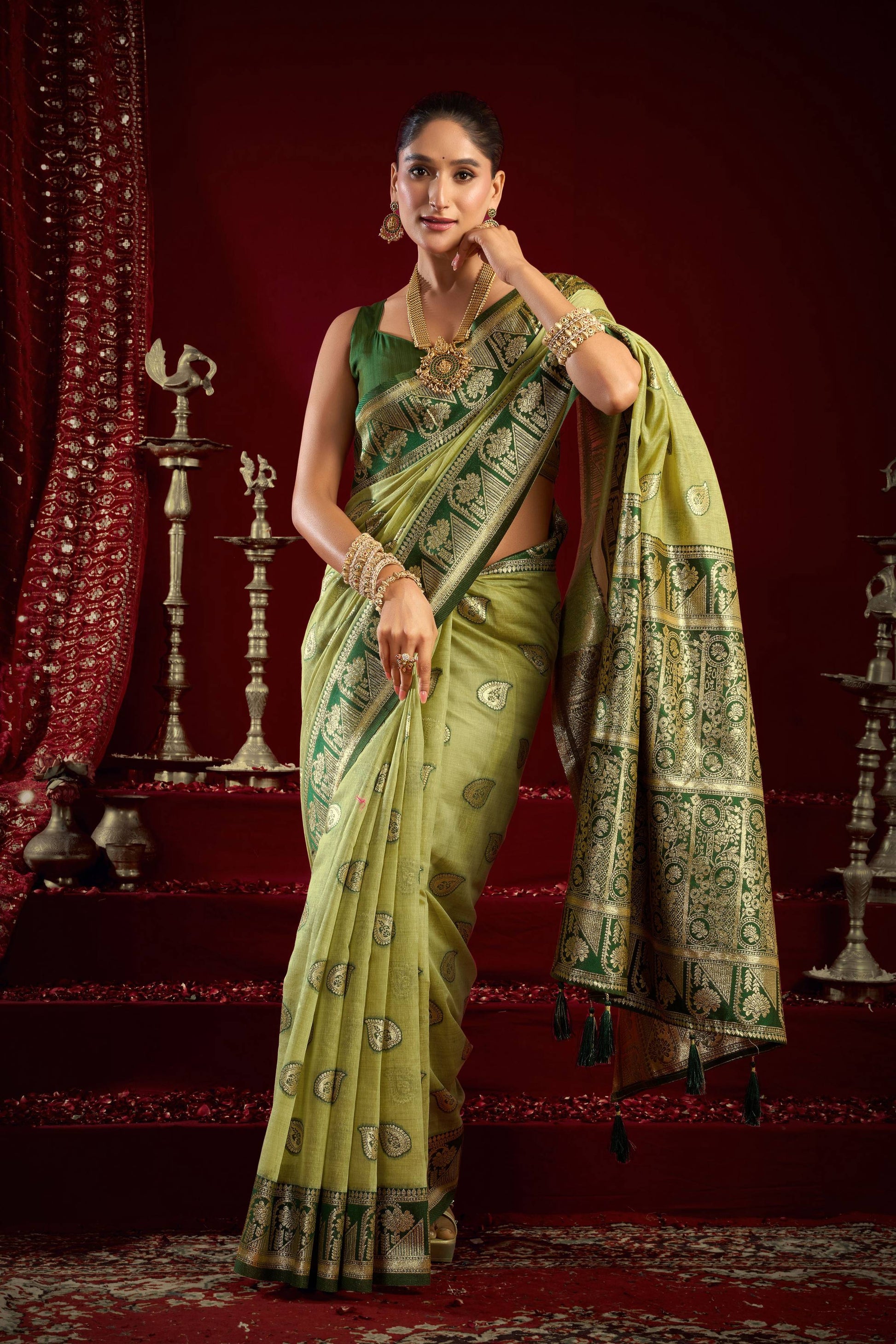 Jyoti Fashion Women's Pista Green Modal Banarasi Zari Woven Saree with Blouse