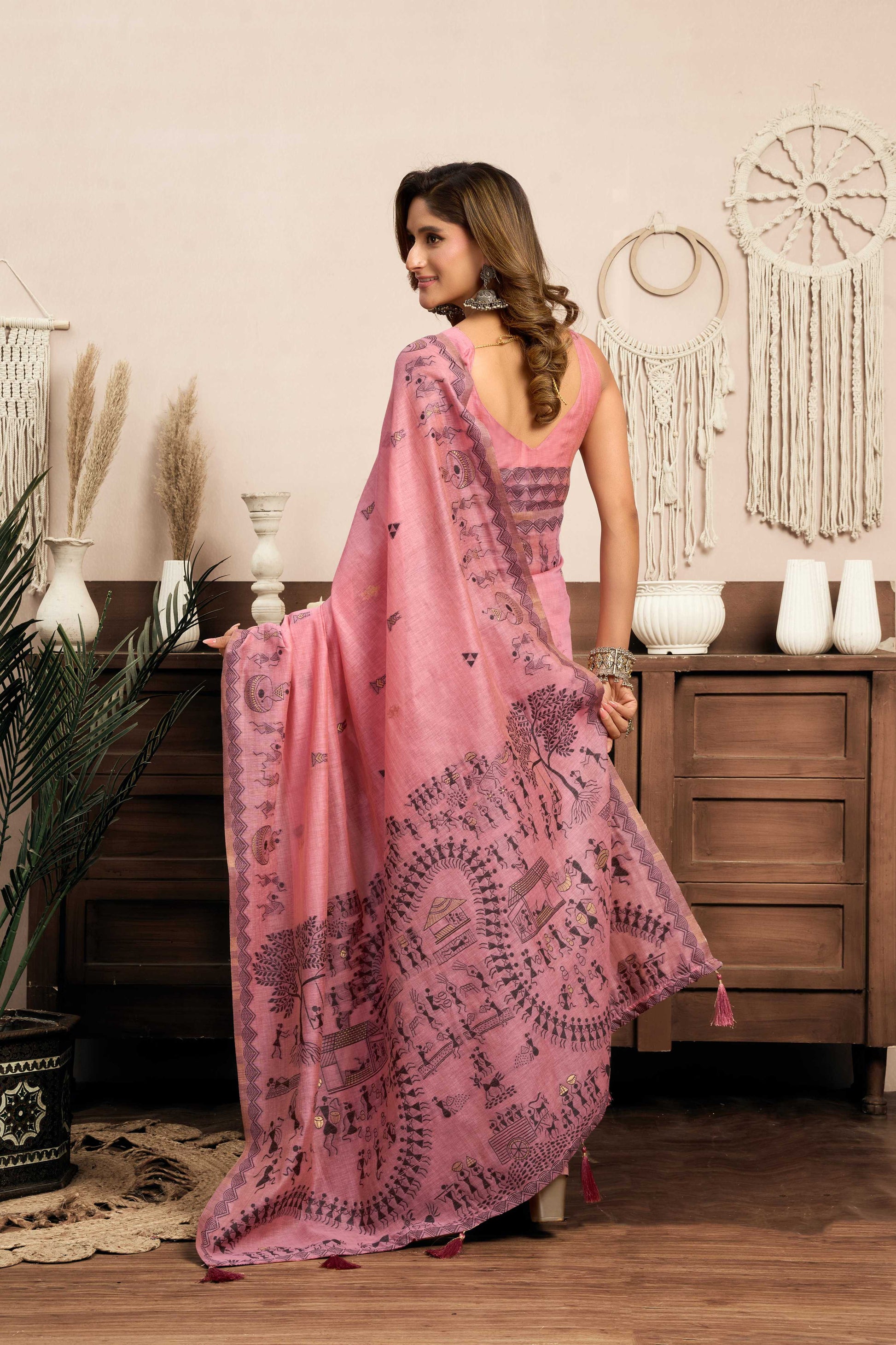Jyoti Fashion Women's Pink Modal Art Silk Warli Work Saree with Blouse
