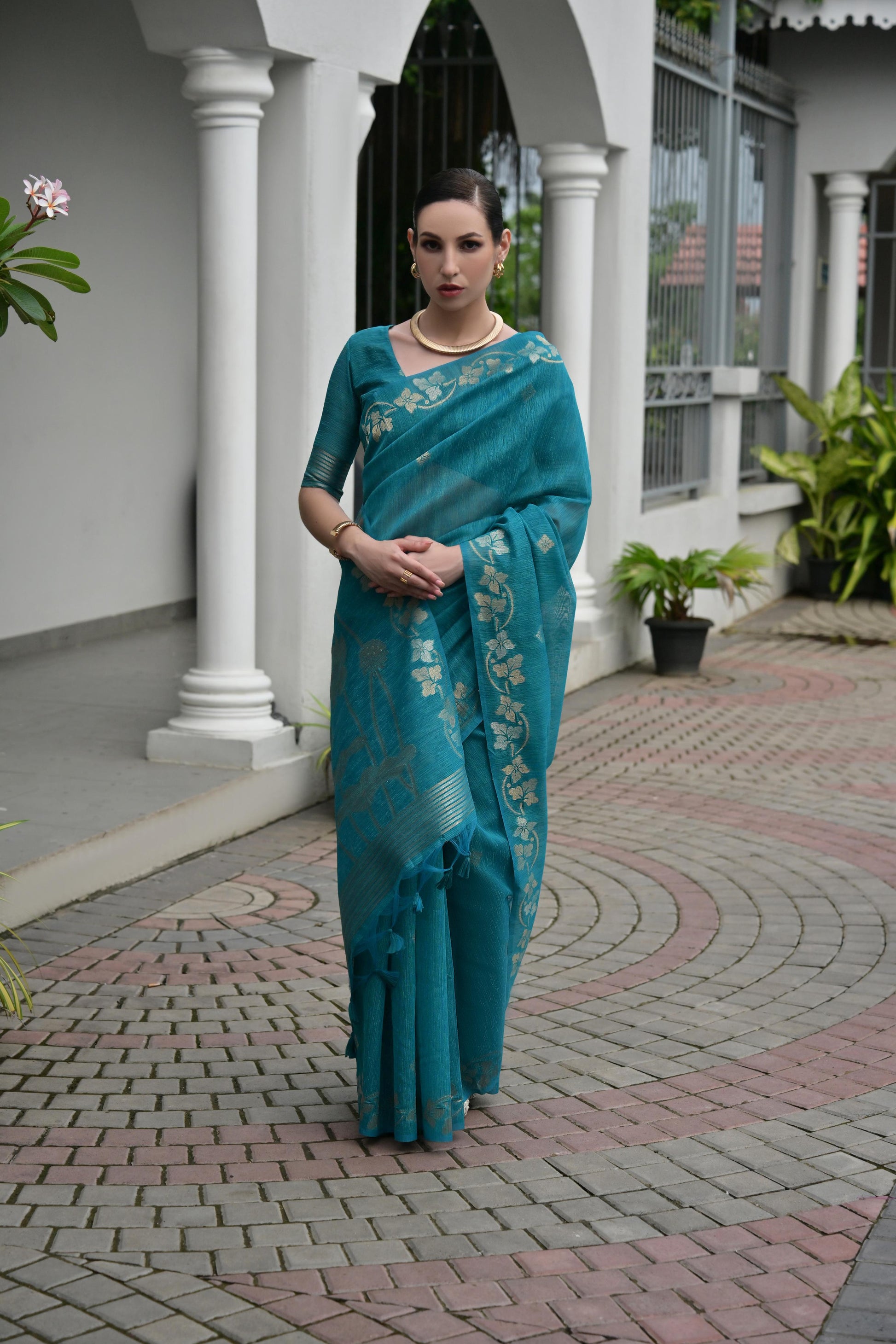 Jyoti Fashion Women's Firozi Soft Jute Linen Silk Zari Woven Saree with Blouse