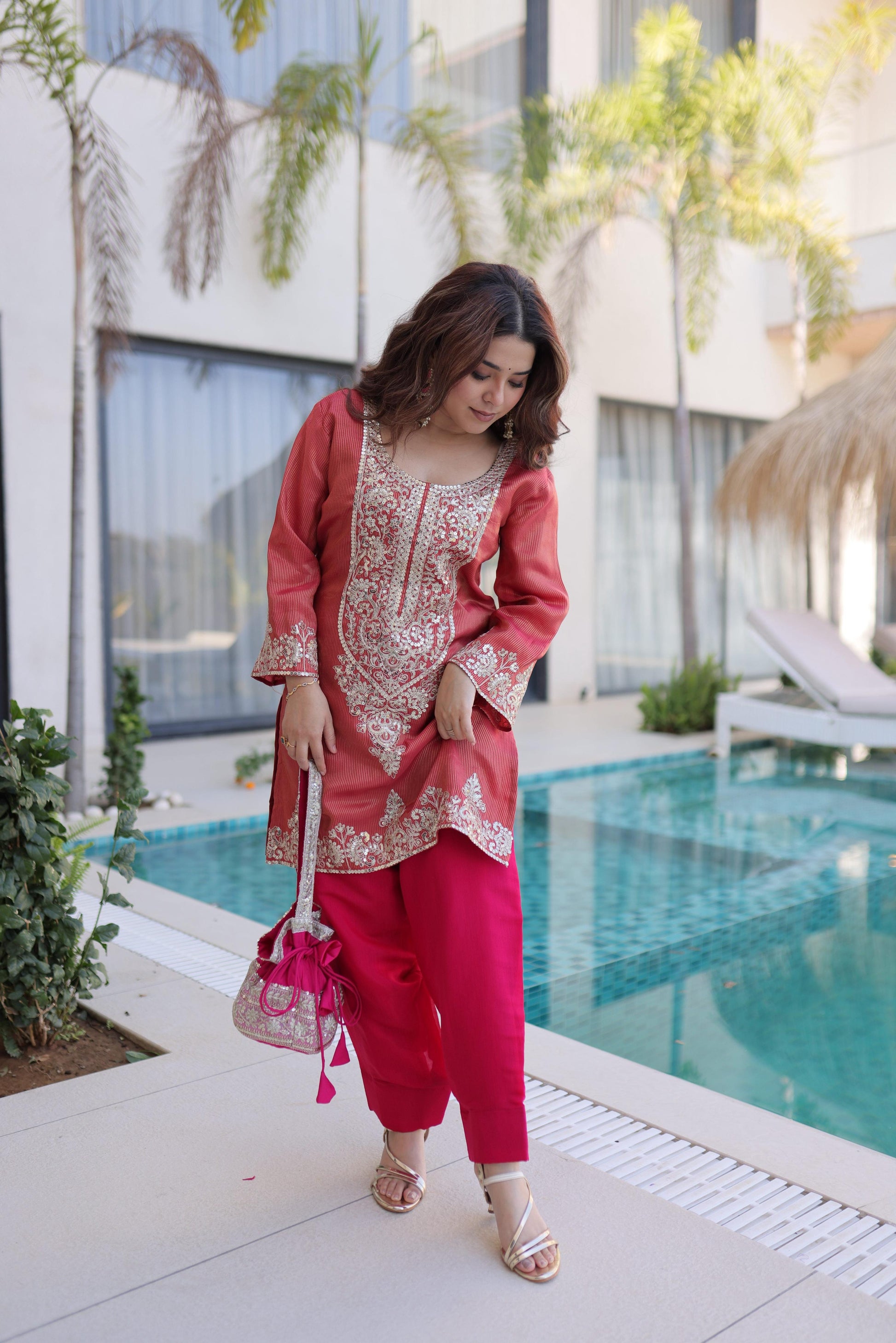 Jyoti Fashion Gajri Viscose Embroidered Designer Kurta Set with Batwa