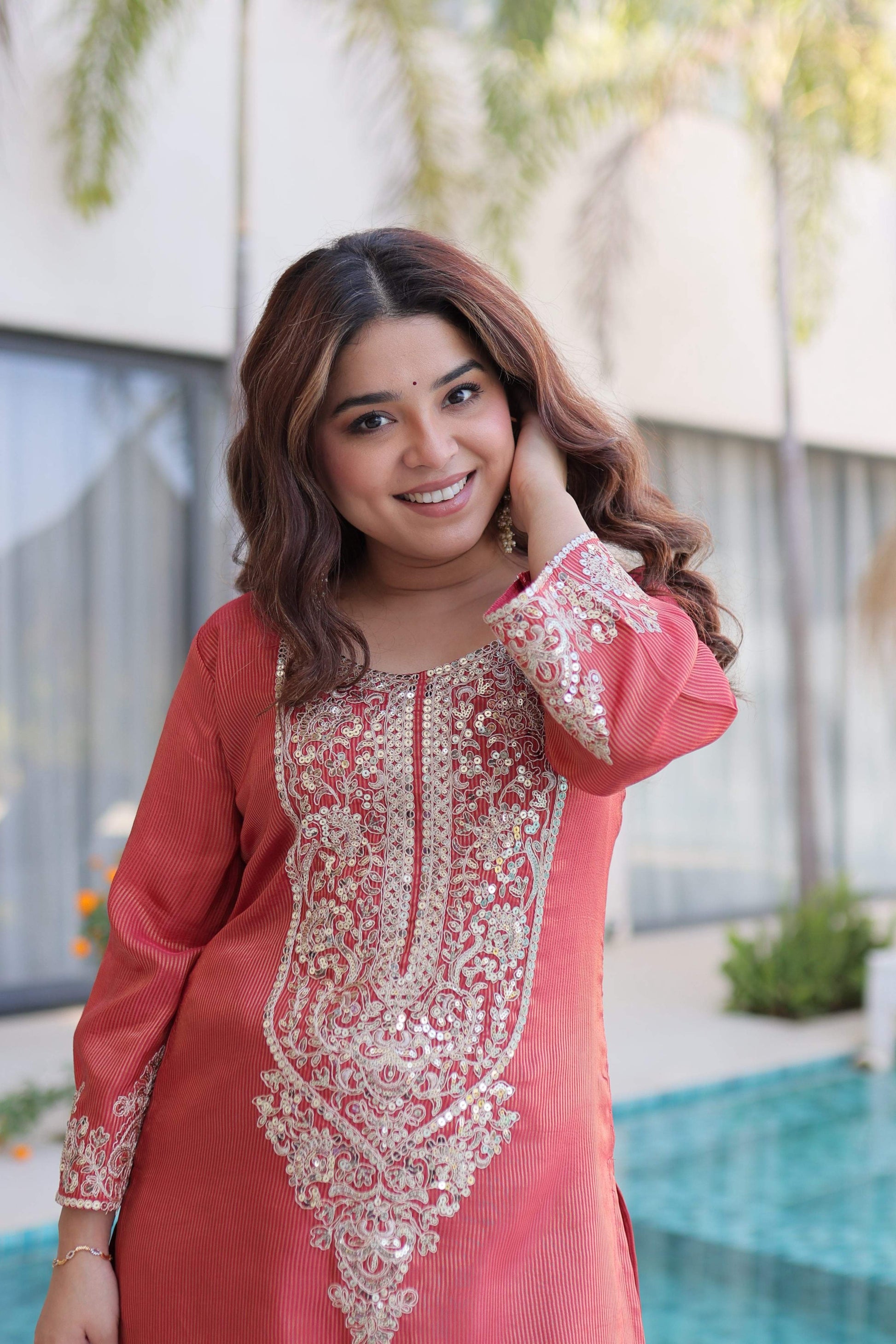 Jyoti Fashion Gajri Viscose Embroidered Designer Kurta Set with Batwa