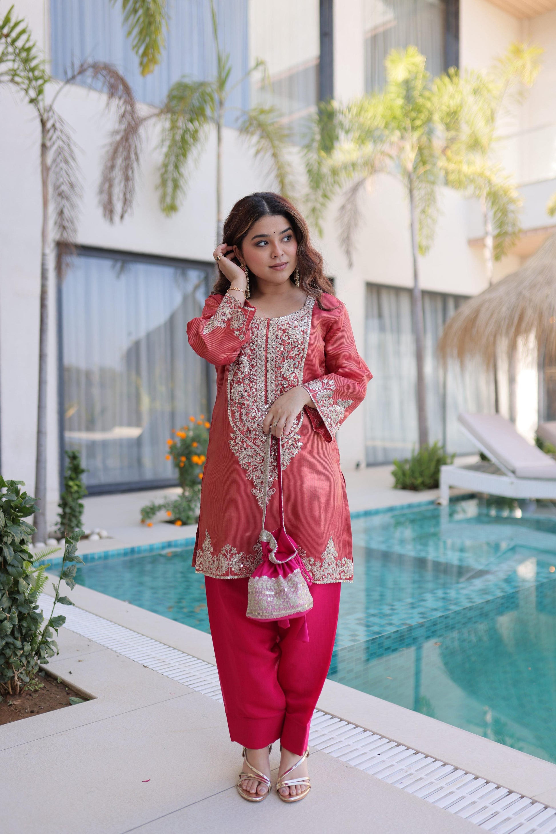 Jyoti Fashion Gajri Viscose Embroidered Designer Kurta Set with Batwa