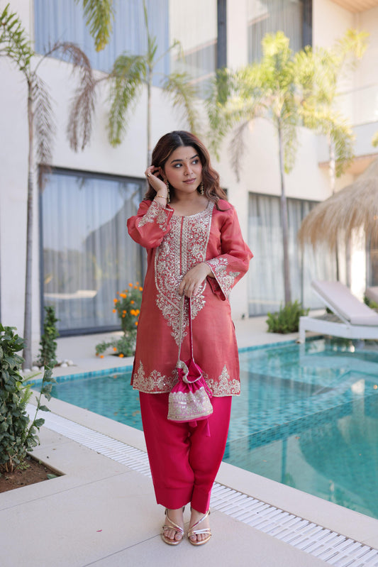 Jyoti Fashion Gajri Viscose Embroidered Designer Kurta Set with Batwa