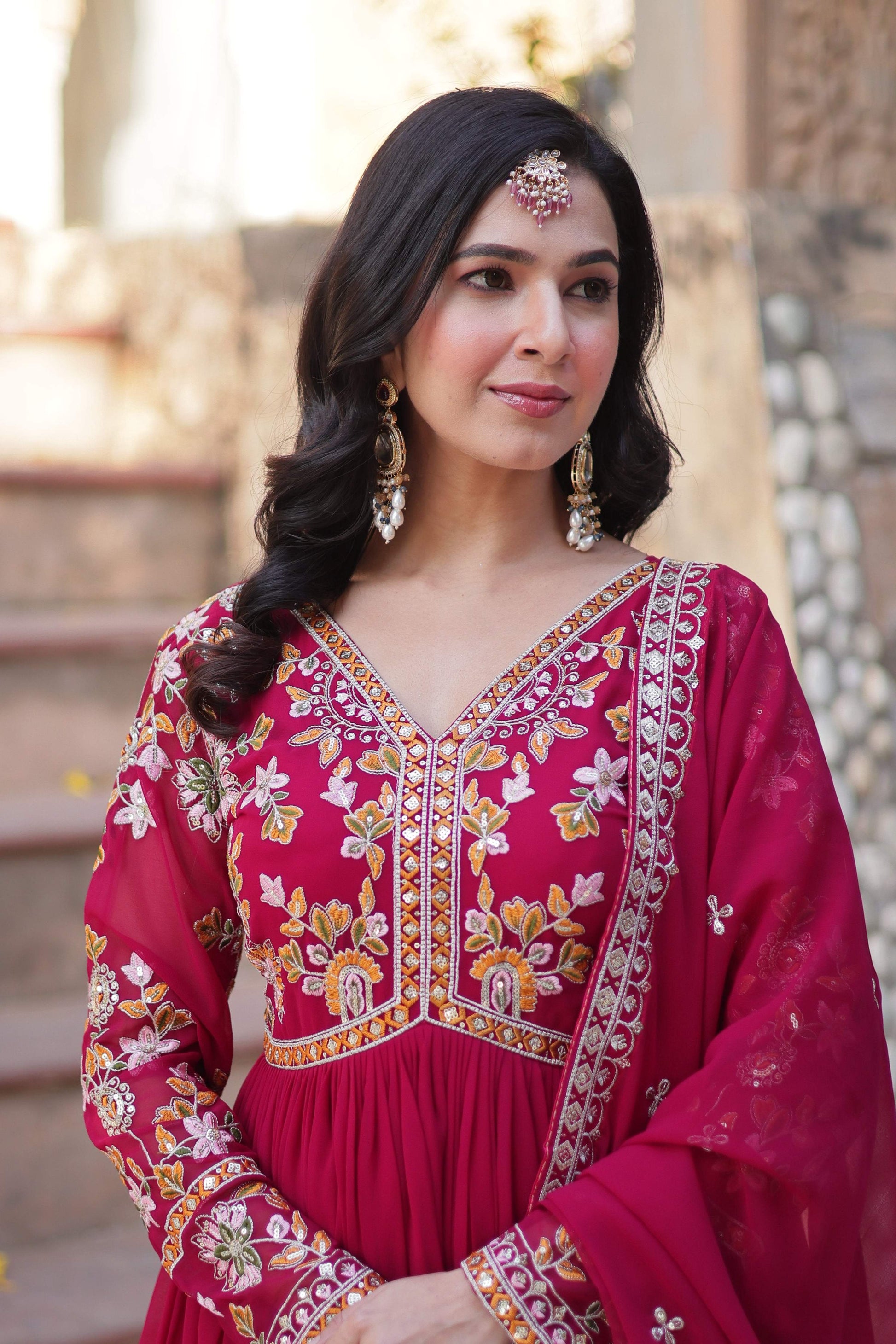 Jyoti Fashion Pink Faux Blooming Embroidered Anarkali Set With Dupatta