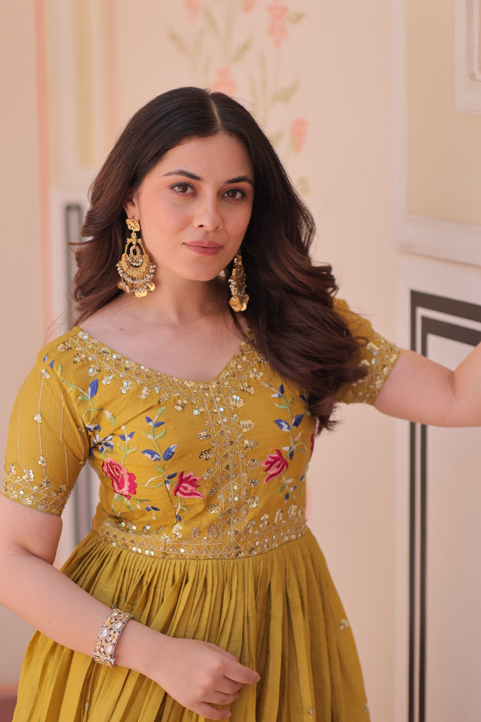 Jyoti Fashion Mustard Gold Crush Thread Embroidered Anarkali Set
